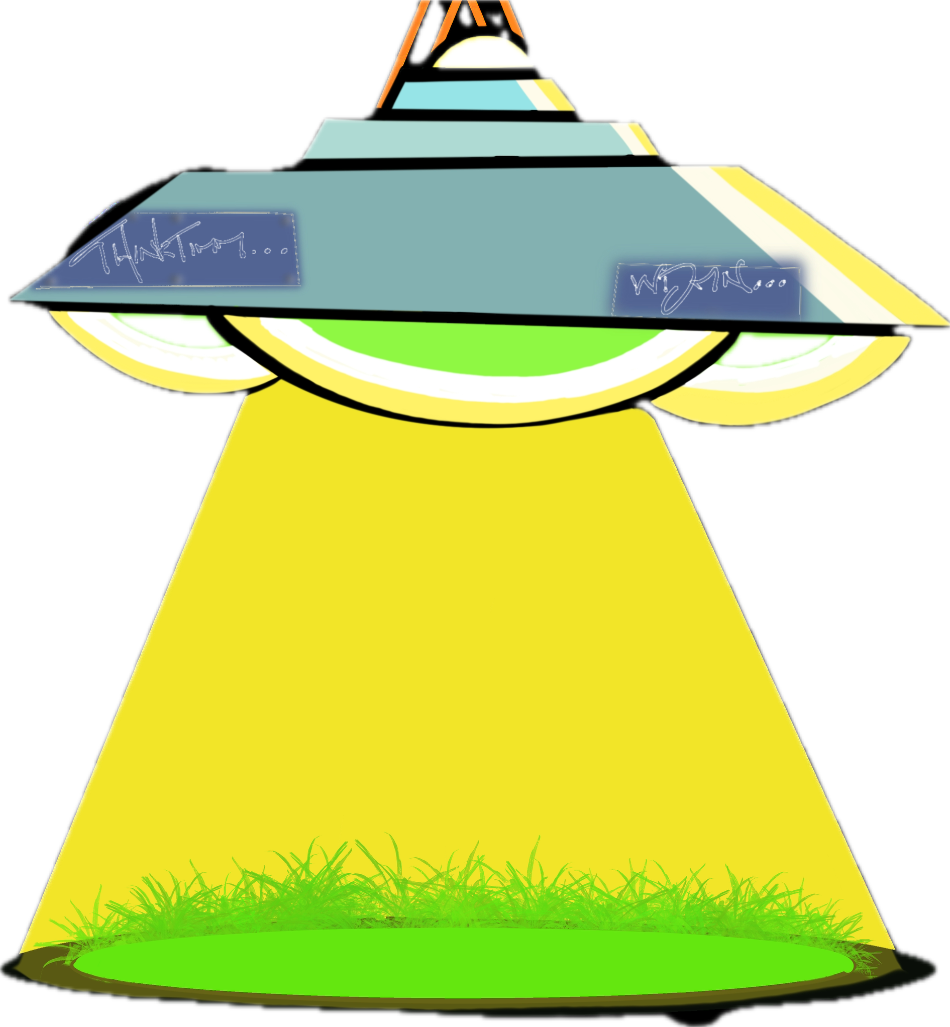 A cartoon UFO shining yellow light onto grass, with 
