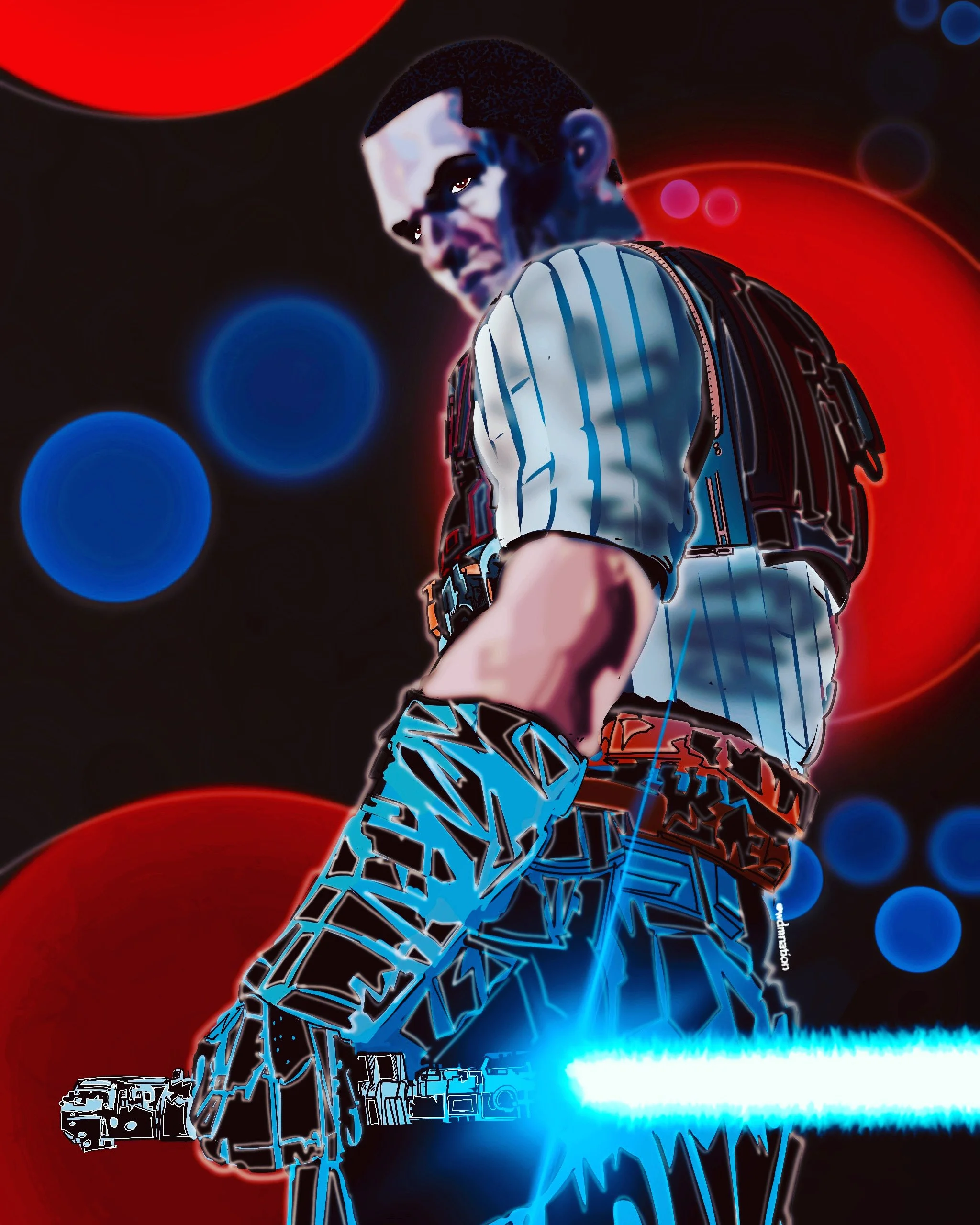 Stylized digital art of a man in a striped shirt and digital armor, with a glowing blue energy weapon, against a dark background with red and blue glowing circles.