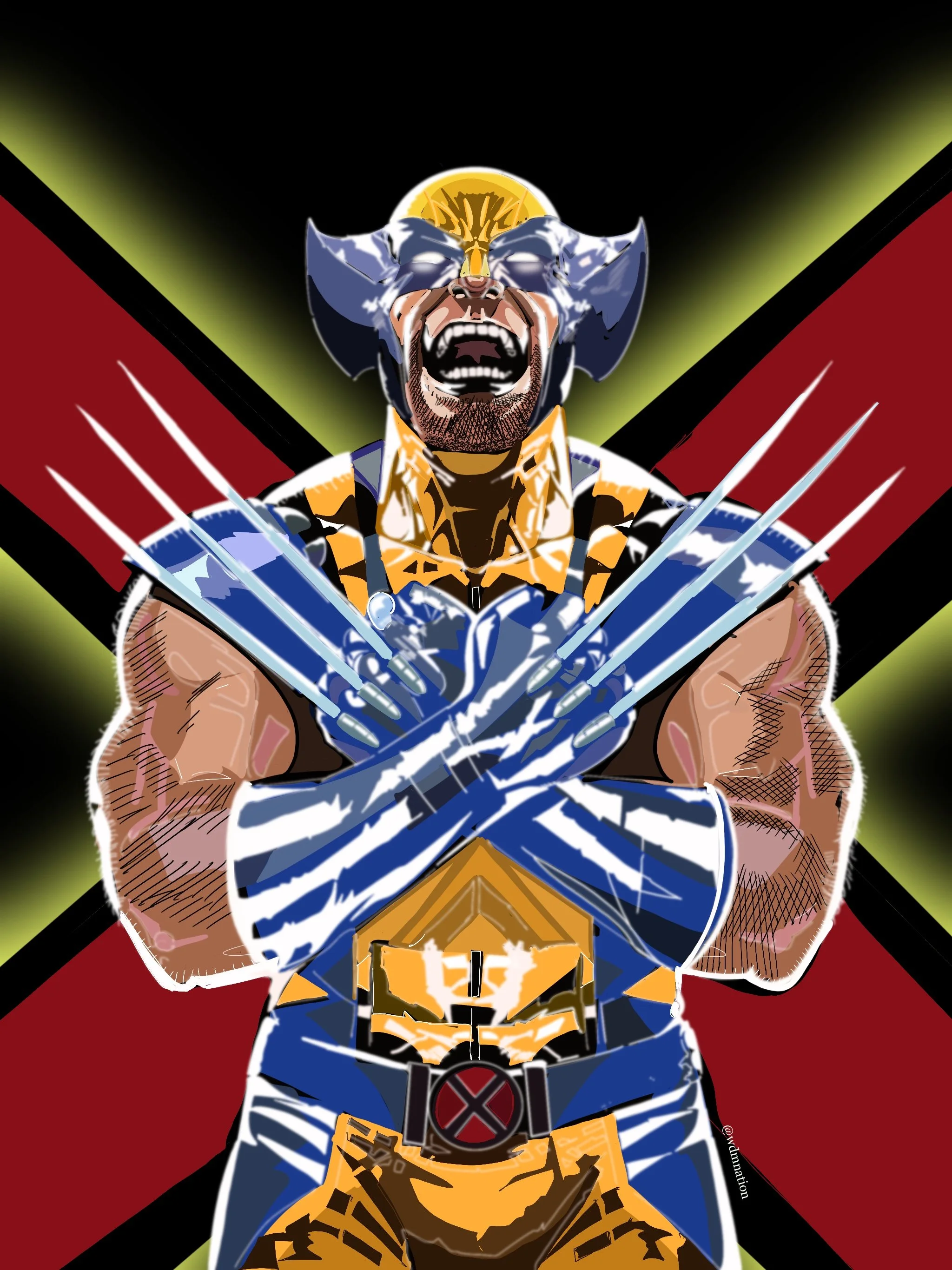 A comic-style illustration of Wolverine with claws extended, wearing a yellow and blue costume, with a man’s face replacing Wolverine's. The background features a black, red, and green geometric pattern.