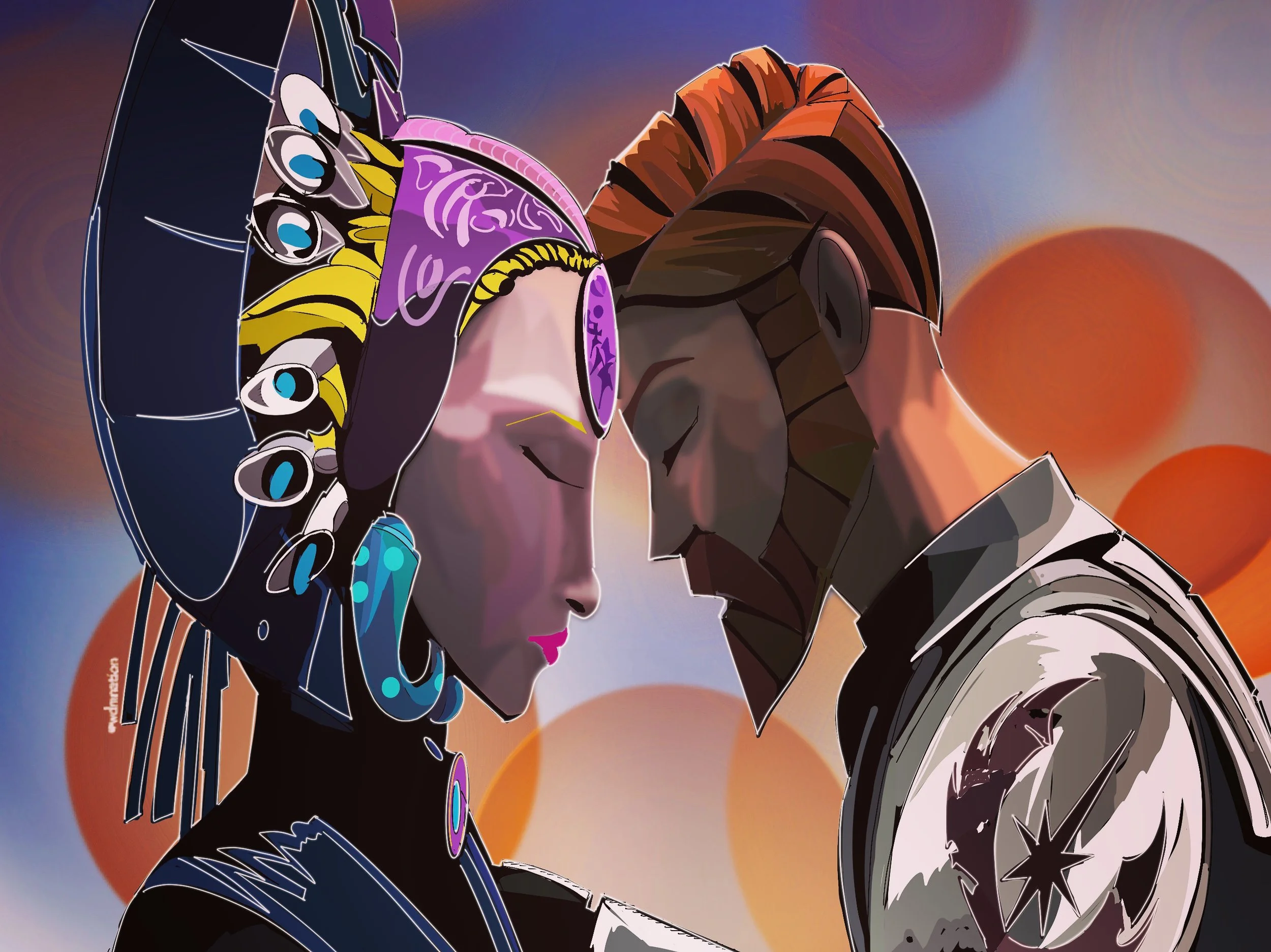 Digital artwork of a woman with traditional Asian features, adorned with a colorful headdress and jewelry, and a man with a futuristic look, with their foreheads pressed together in a close, intimate pose, against an abstract background with orange c