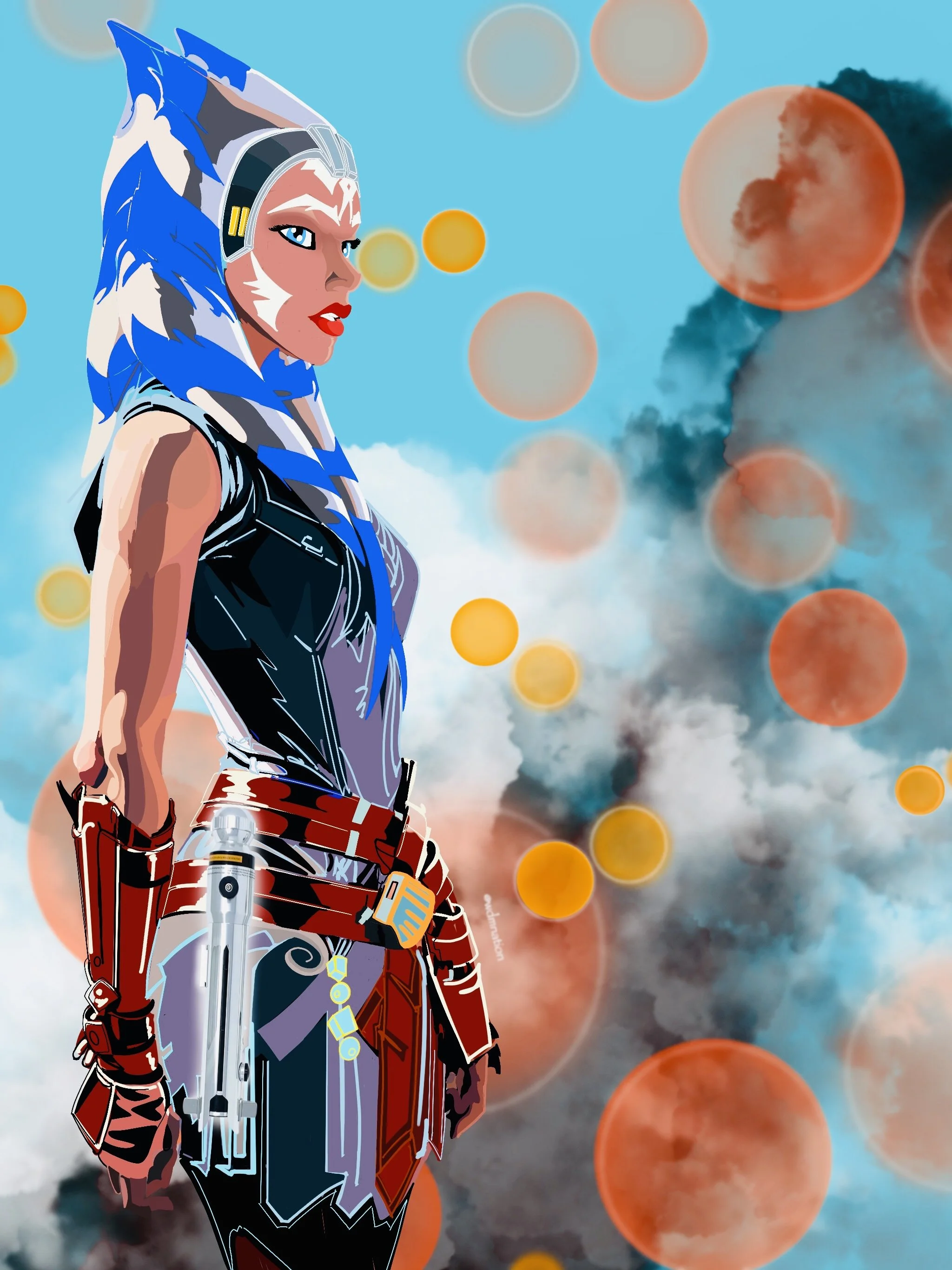 A digital illustration of a female character in a futuristic outfit, with blue and white hair, set against a sky with clouds and orange-red orbs.
