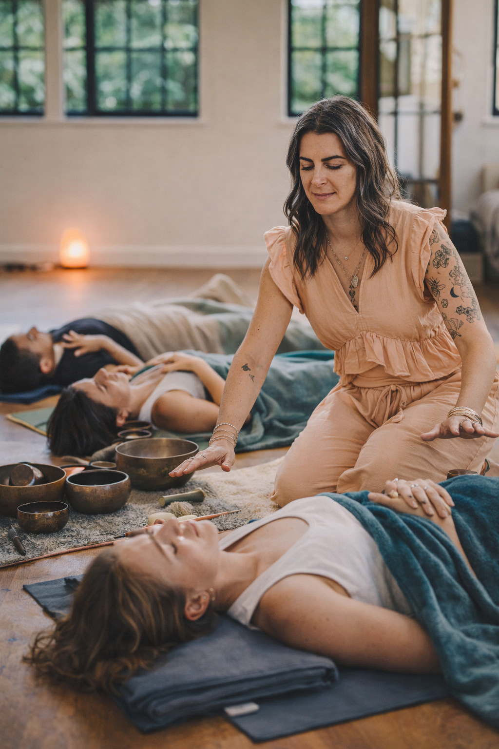 Woman leading a sound therapy session with three people lying down on yoga mats, surrounded by singing bowls, in a sunlit room with large windows.