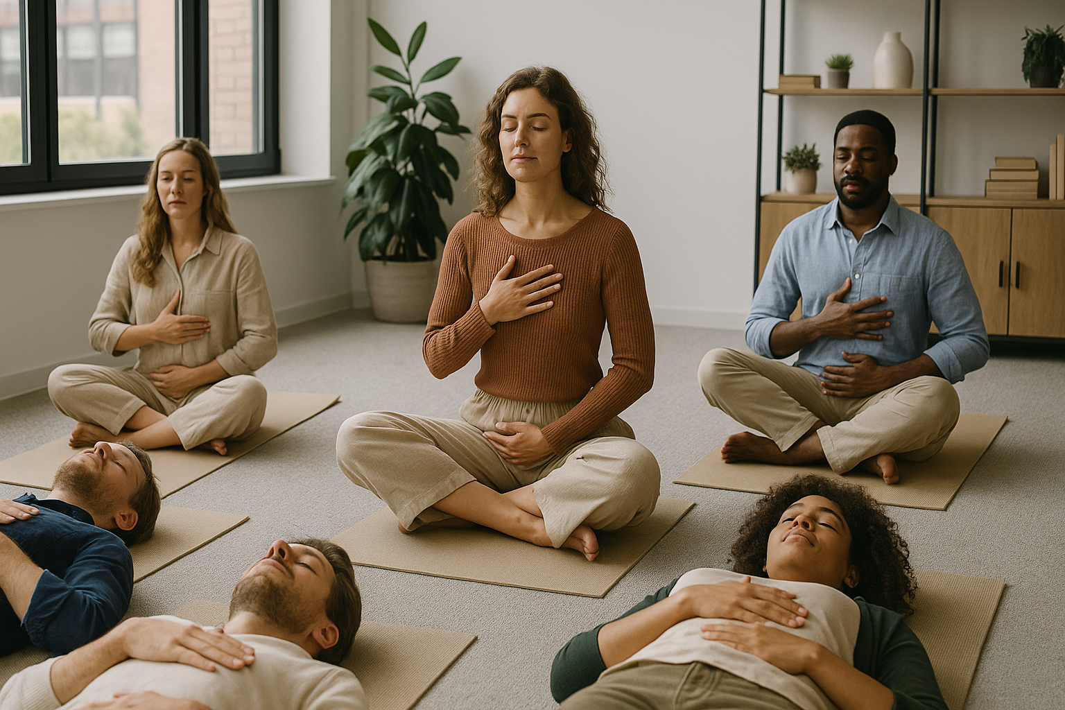People participating in a meditation or mindfulness session in a room, sitting cross-legged on mats, with hands on their chests or stomachs, eyes closed, and a serene expression.