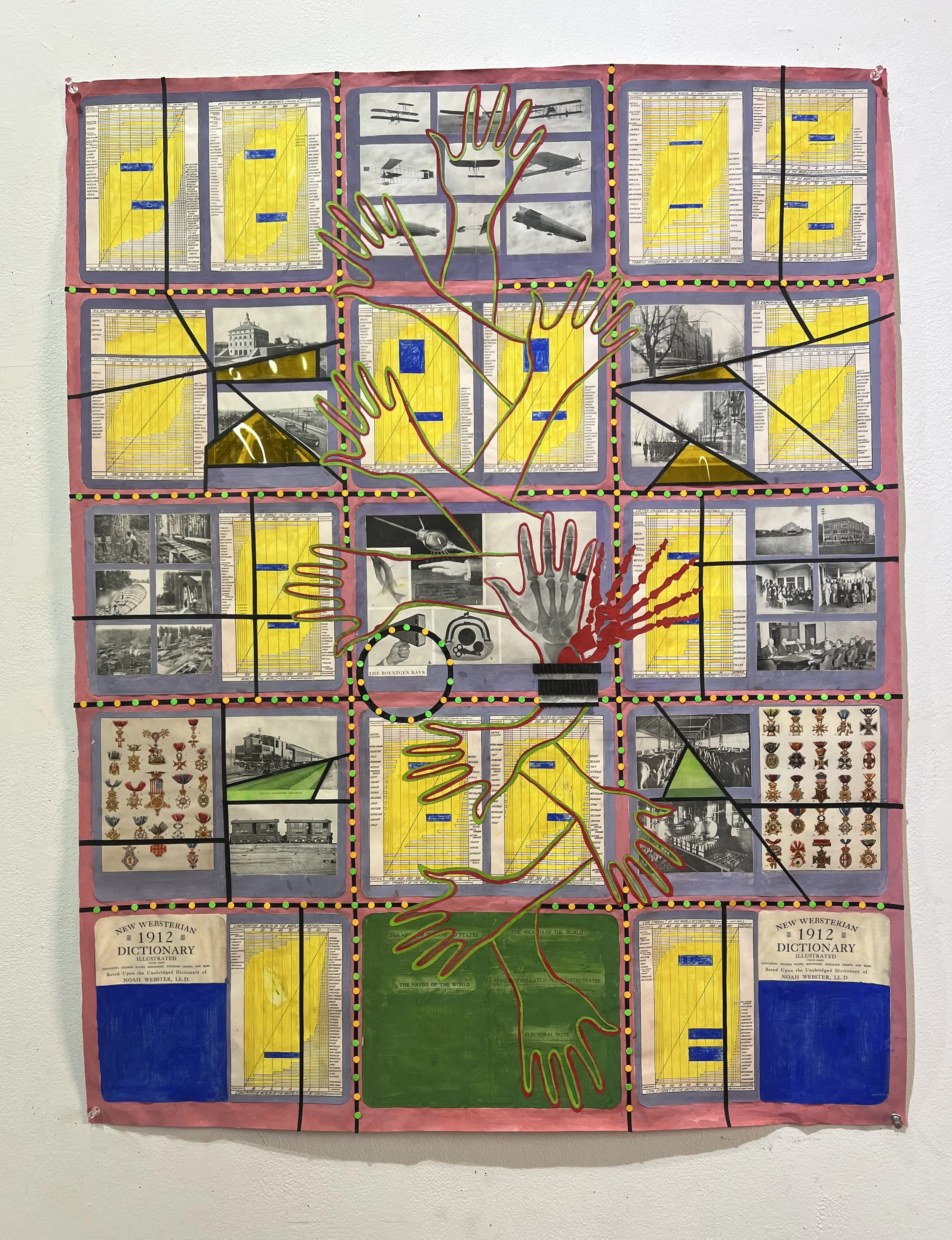  The Roentgen Rays  
2025 
41 x 31.5 inches 
collage, gouache, Mylar, and found book pages on rice paper