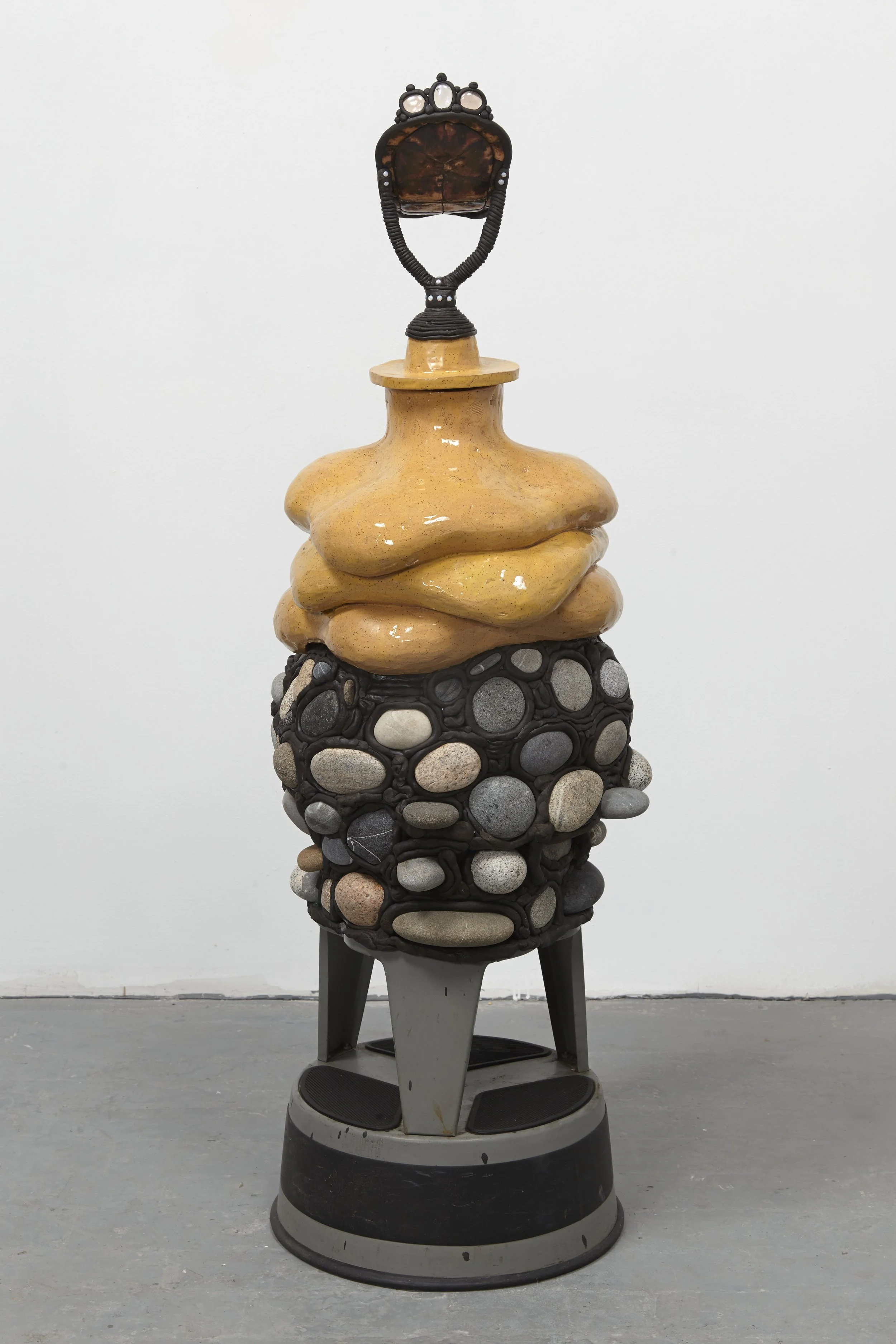 Princess T
2015 48 x 20 x 20 inches turtle shell, ceramic, magic-sculpt, stones, library stand and mixed media
