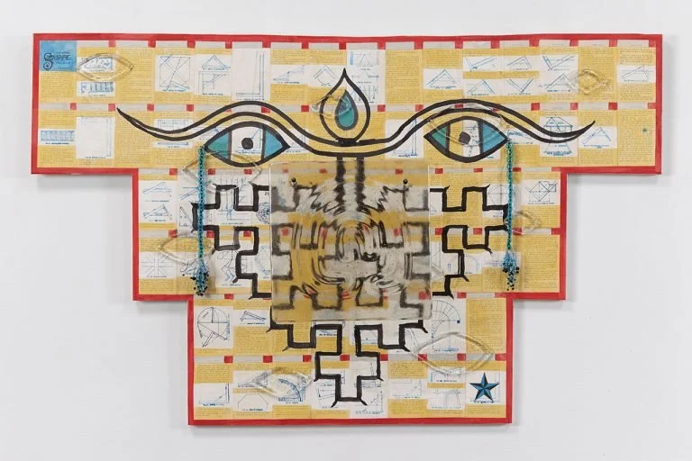 “Too plain to need any further explanation” 2016
48 x 30 x 8 inches wood, glass, beads, gouache and ink on found book