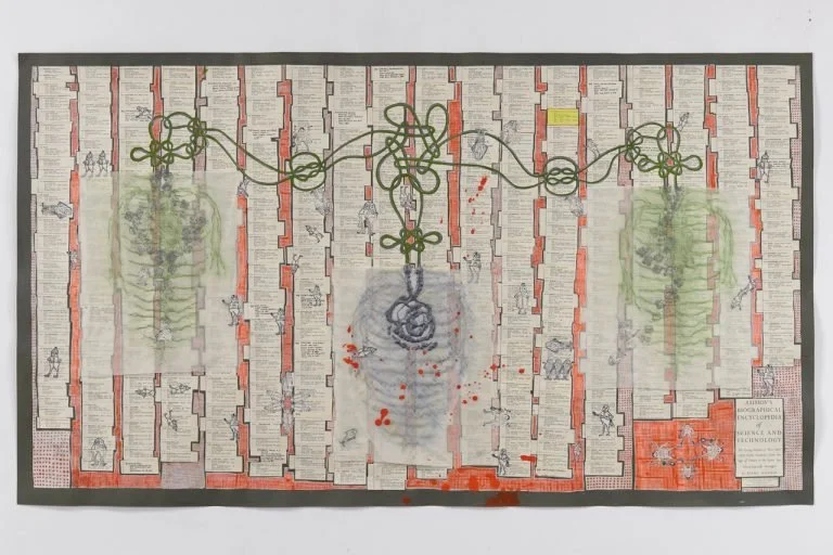 {364}. Curie, Marie Sklowdowska 2016
37 x 65 inches acrylic paint, ink, pencils, vellum, and foil papers on found book