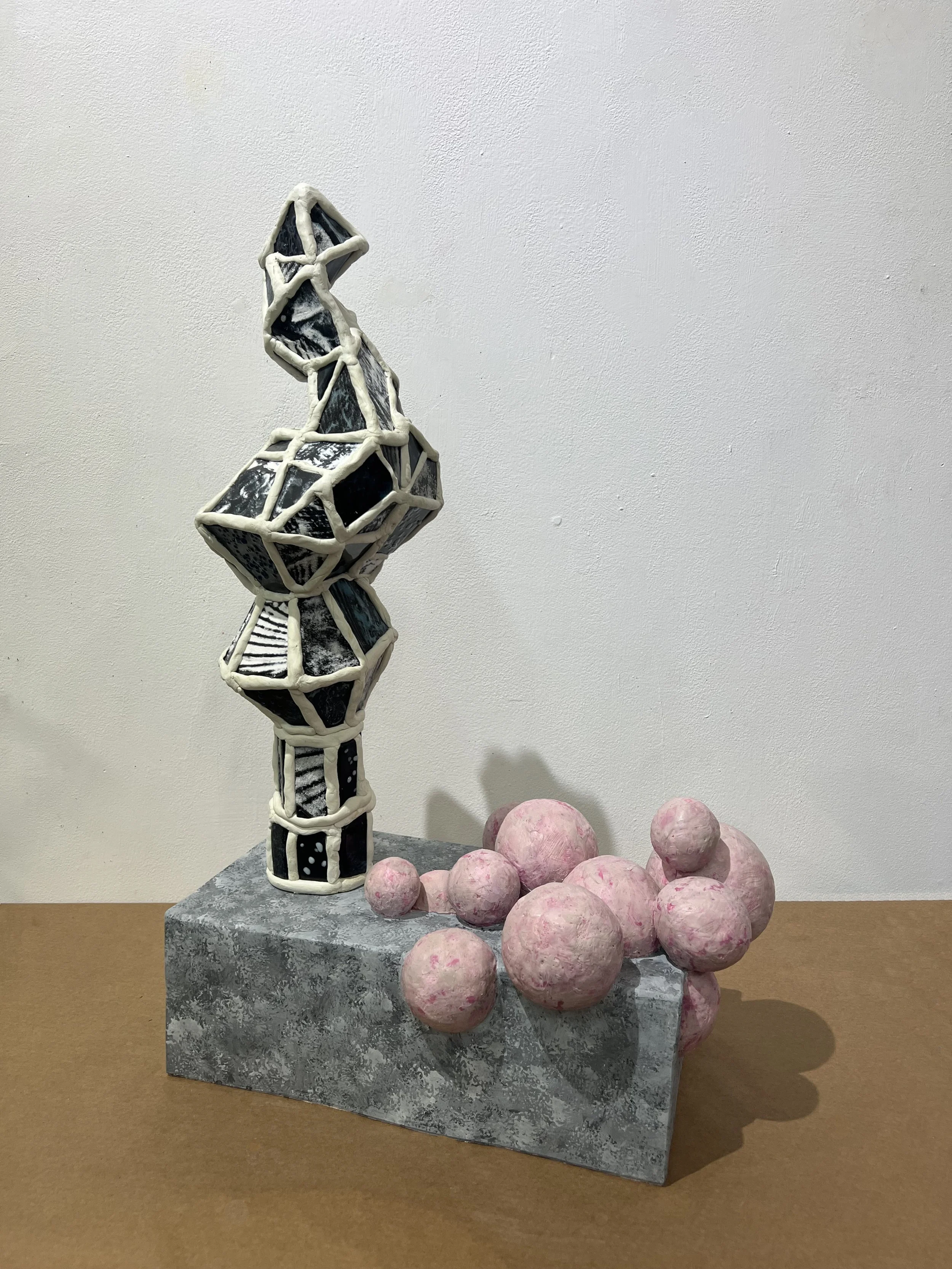  Beacon 

 2025  31 x 19 x 13 inches   glass, epoxy clay, gouache on ceramic, and wax
