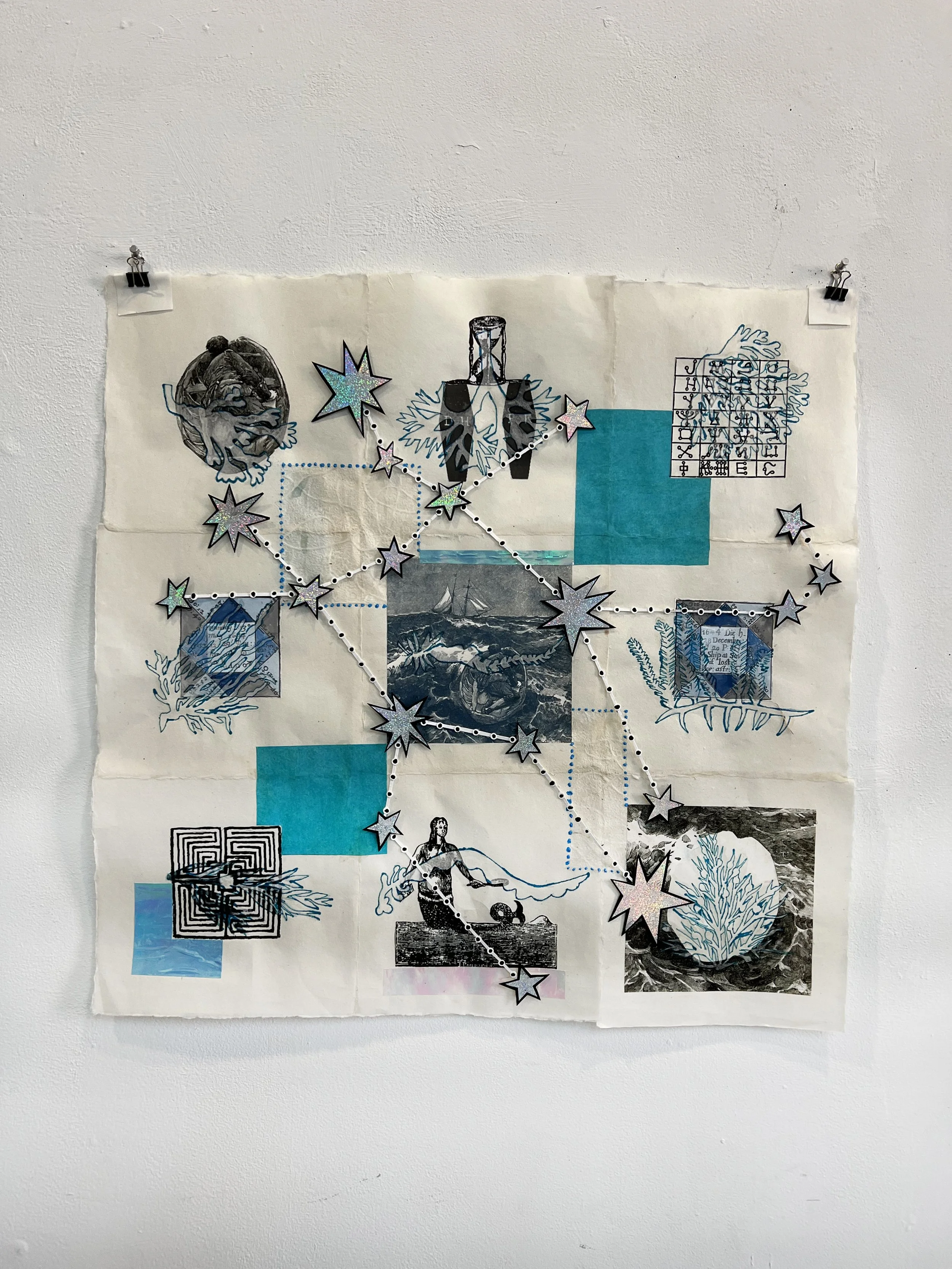 Lost at Sea 1 2023 27 x 28 inches collage and gouache