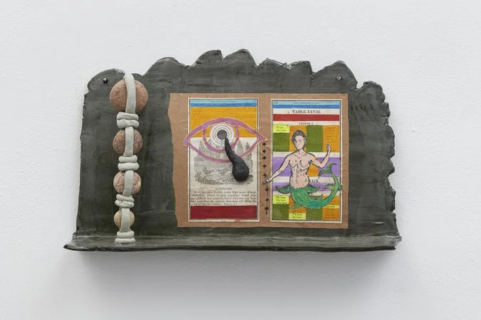 Two Foolish Cocks 2018
9 x 13 x 3 inches
gouache, found book, ceramics, stone