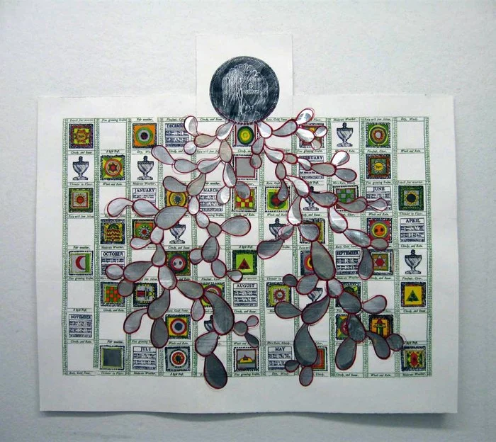 Thunder in Places 2010
43 x 48 inches gouache and digital print on paper with silver leaf and wire