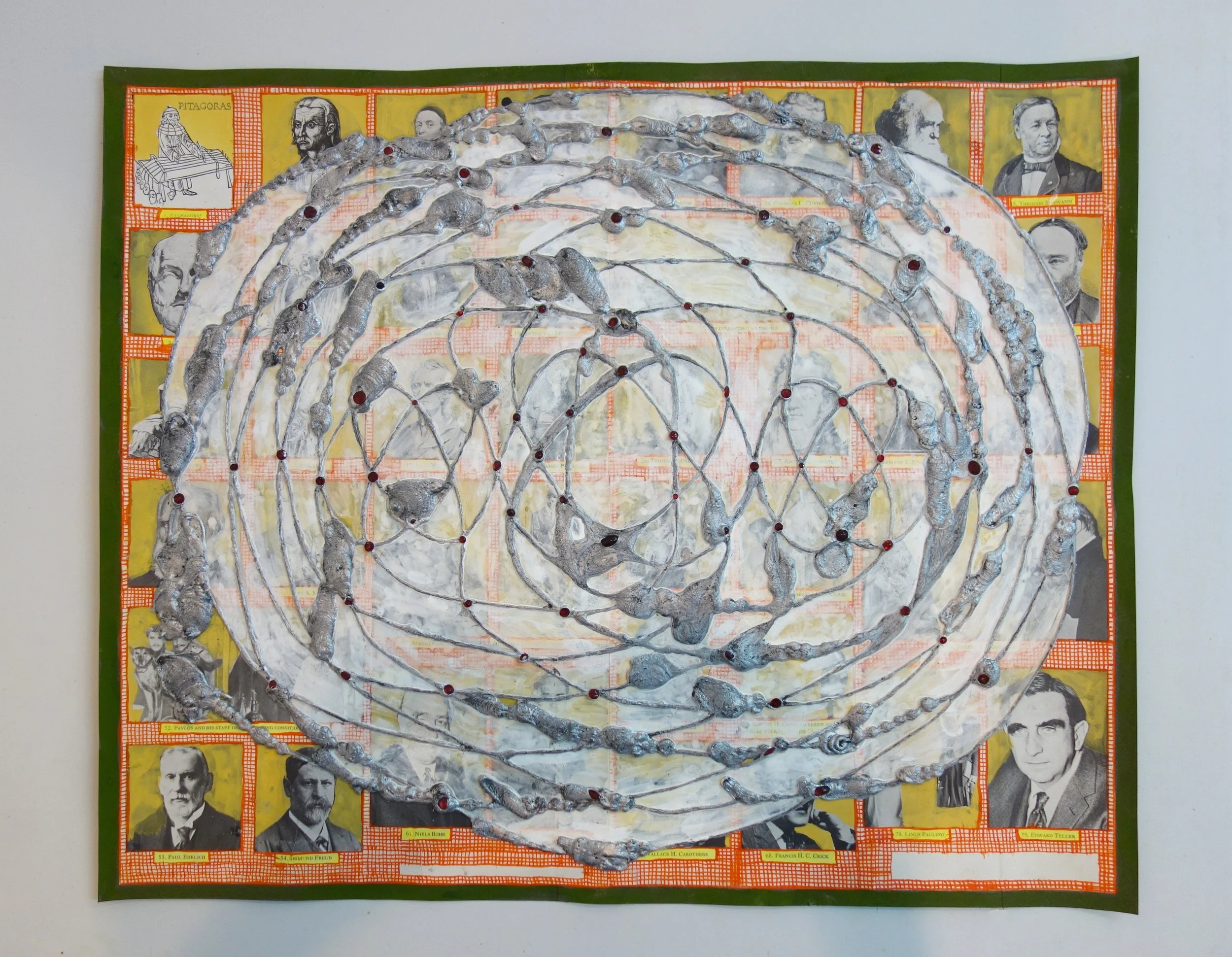 Pythagorus to Teller under a Turk’s Head Knot 2016
18 x 22.5 inches acrylic paint, jewels, gouache and graphite on found book