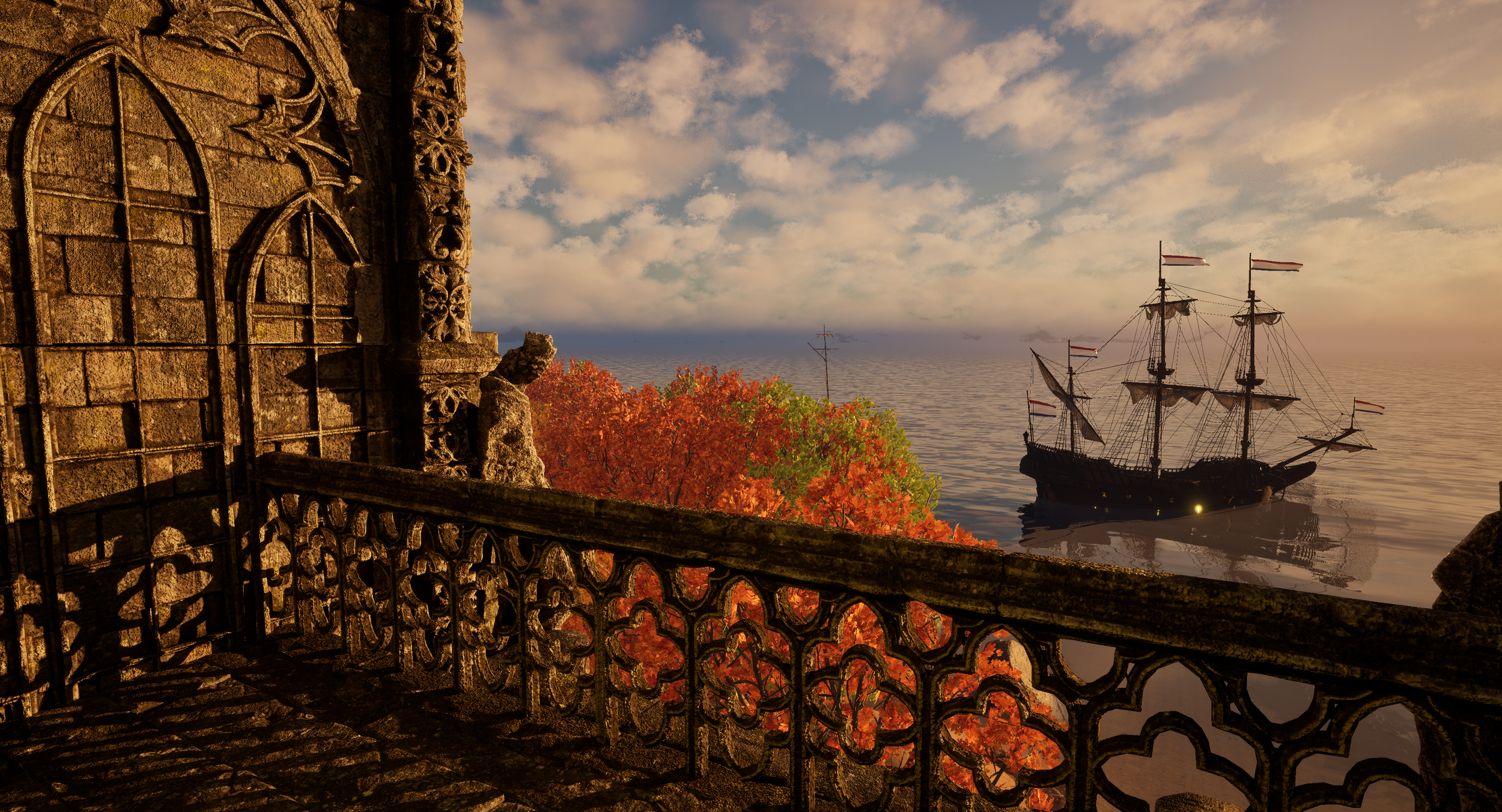 View from a stone balcony of a historic building overlooking the sea with a large sailing ship and autumn-colored trees