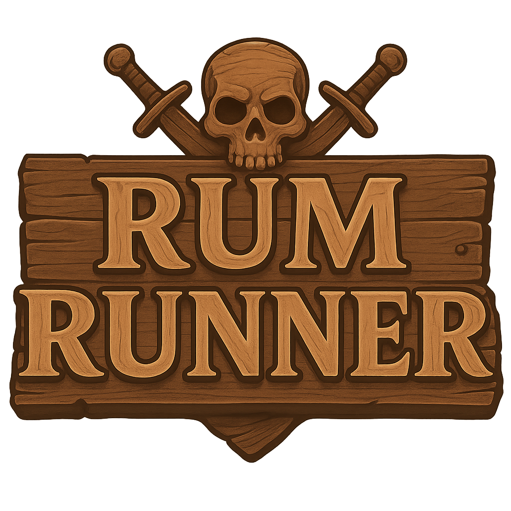 A wooden sign with the words "Rum Runner" carved into it, topped with a skull and two crossed swords.