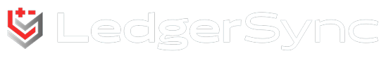 LedgerSync logo with black, red, and gray design elements.