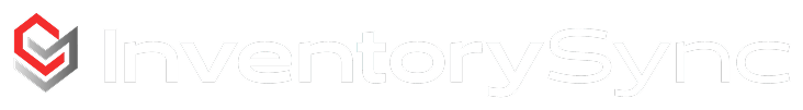 InventorySync logo with black and red shield icon and white text on a black background.