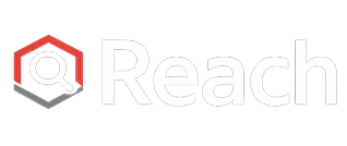 Reach logo with black background, red hexagon with magnifying glass icon inside.
