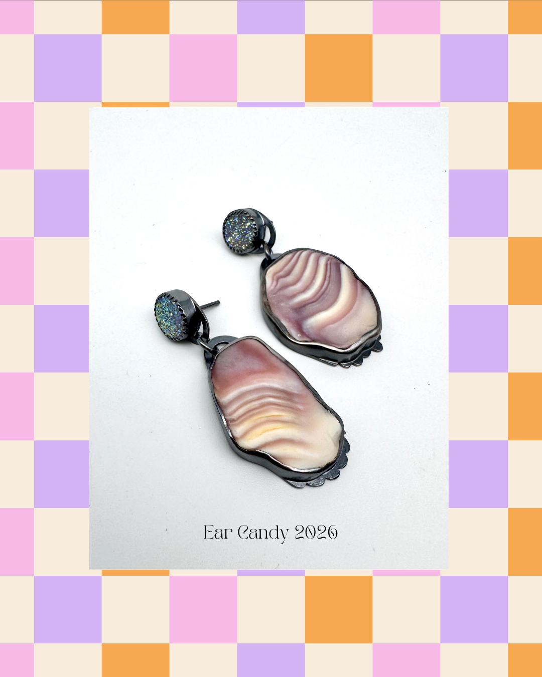 Druzy Quartz, Seashell, Oxidized Sterling Silver