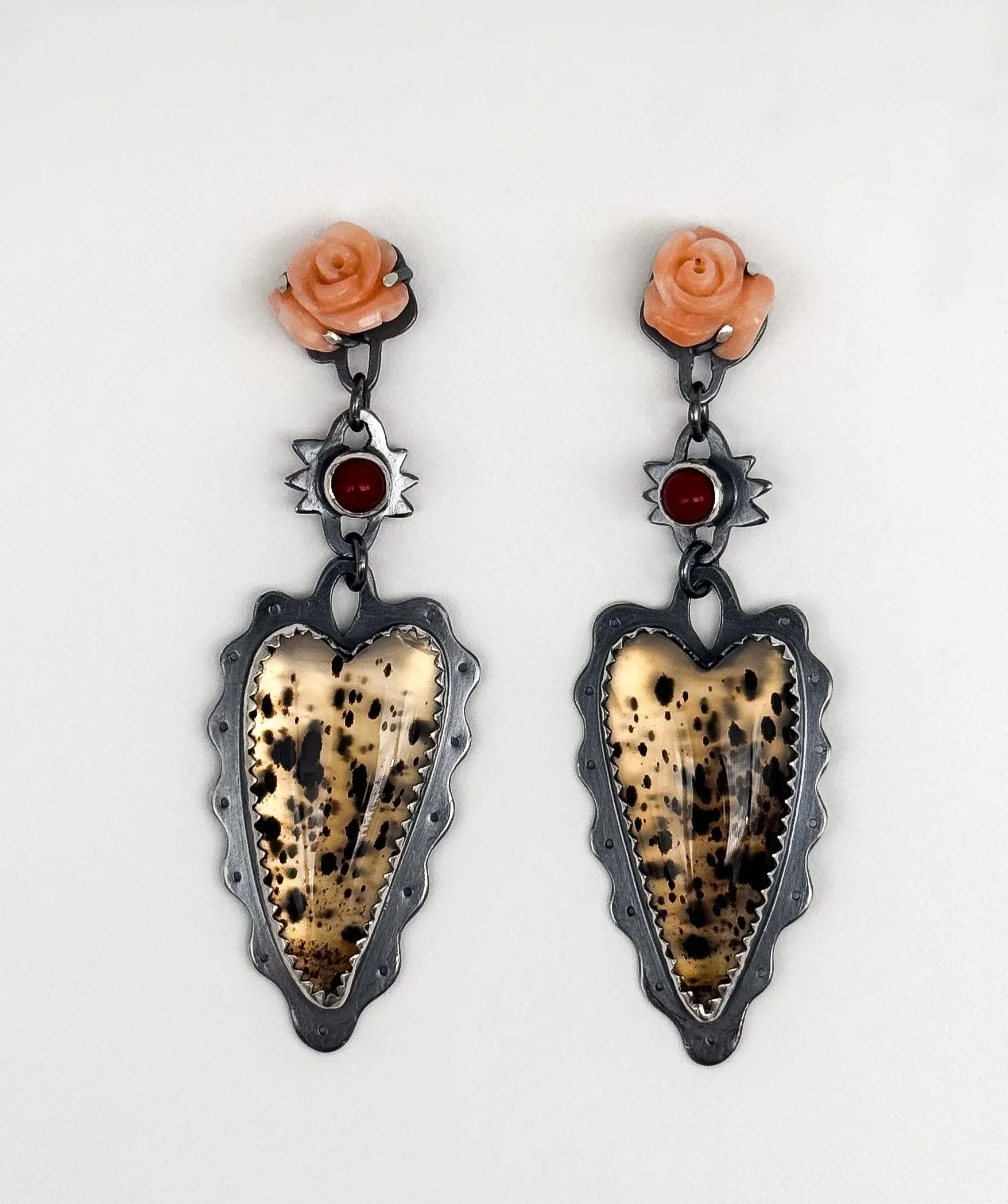 Japanese Deep Sea Coral, Mediterranean Coral, Montana Agate, Oxidized Sterling Silver
