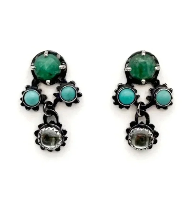 Birthstone Earrings: Emerald (May), Turquoise (December), Aquamarine (March), Oxidized Sterling Silver