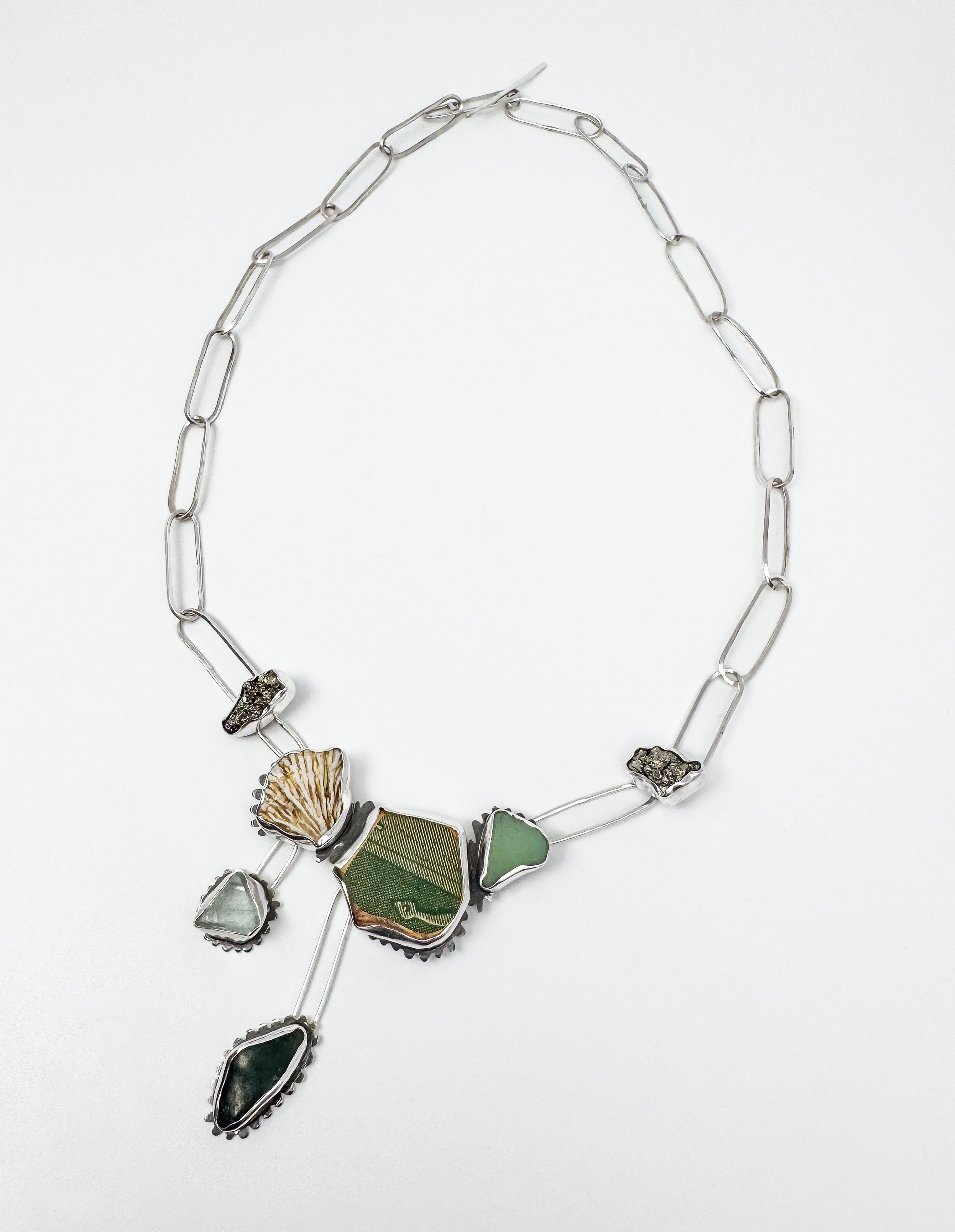 "California Gold" Jade, Pyrite, Shell, Ceramic Found Object, Sea Glass, Quartz, Sterling Silver