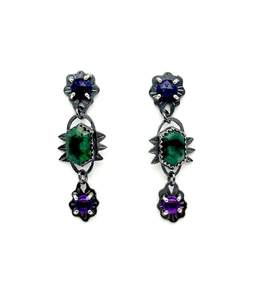 Birthstone Earrings: Sapphire (September), Emerald (May), Amethyst (February), Oxidized Sterling Silver
