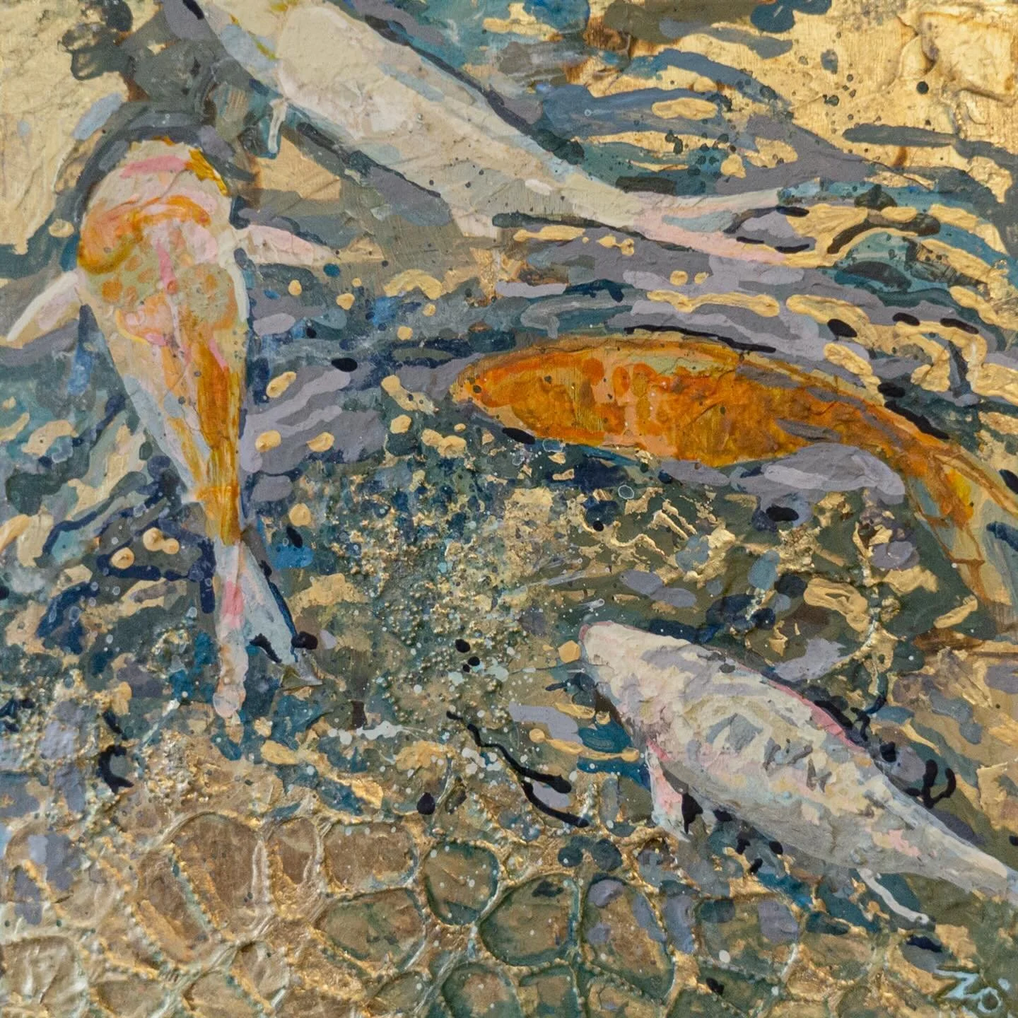 Mini gilded fish, ready for @aitpleamington in a few short weeks time. I&rsquo;m going to be in the Mill Gardens Artists Village - please do come say hello 👋 

These minis are 19cm x 19cm framed, and will also be available to buy online once the web
