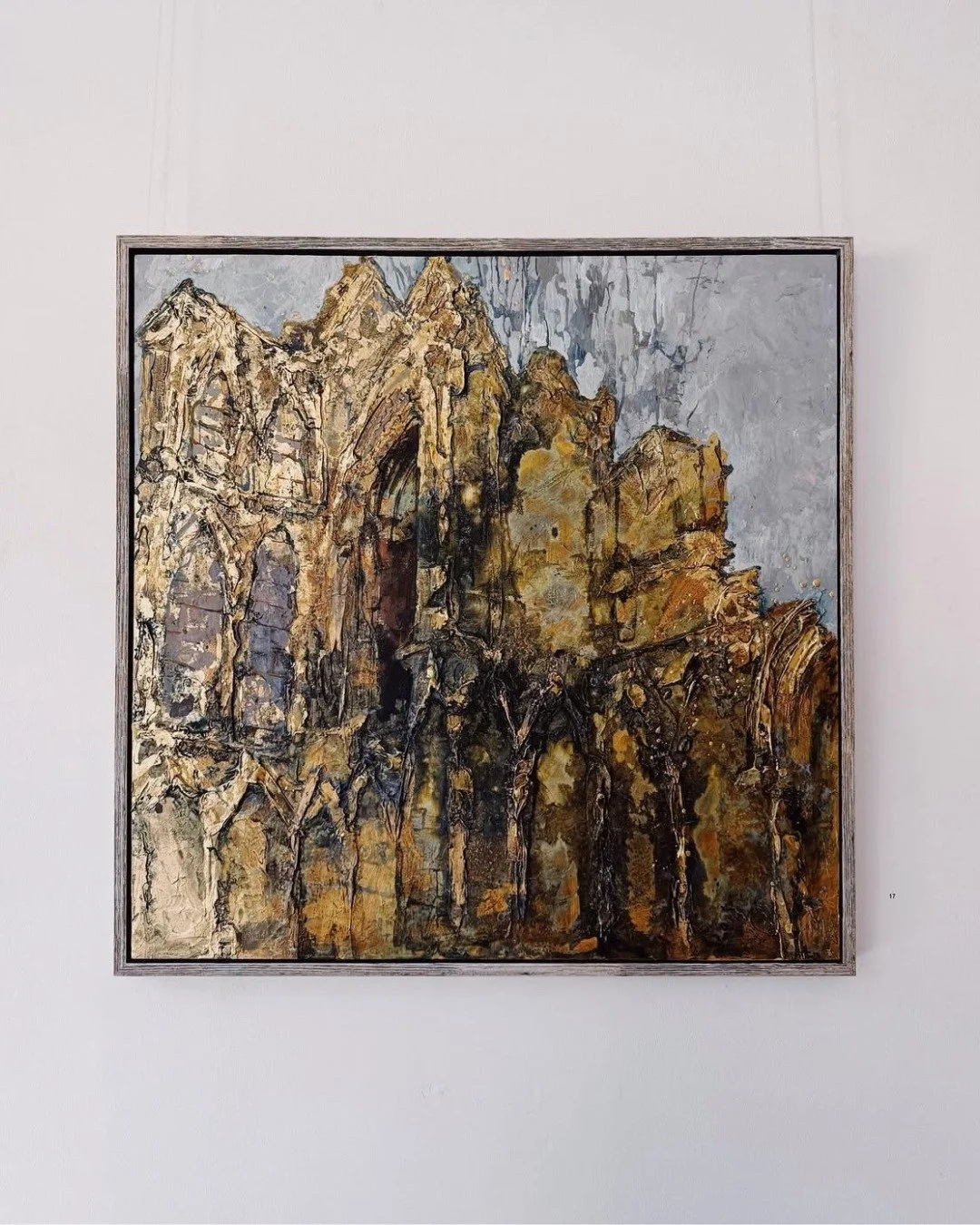 Now the backdrop to picnics, concerts and visiting ghosts, here encrusted in gold: the abbey's ruin stands as testament to what mattered enough to build.

80cm x 80cm, mixed media, acrylic and gold leaf on panel. These ruins are even closer to home: 