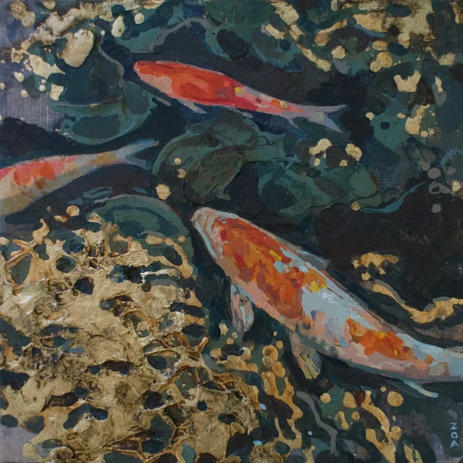 A new textured koi fish painting with gold leaf, the first of the new pieces coming with me to Landmark Art Fair this weekend.

Fish are a subject I keep and keep returning to.
Flashes of colour against murk, with gold catching the light. There&rsquo