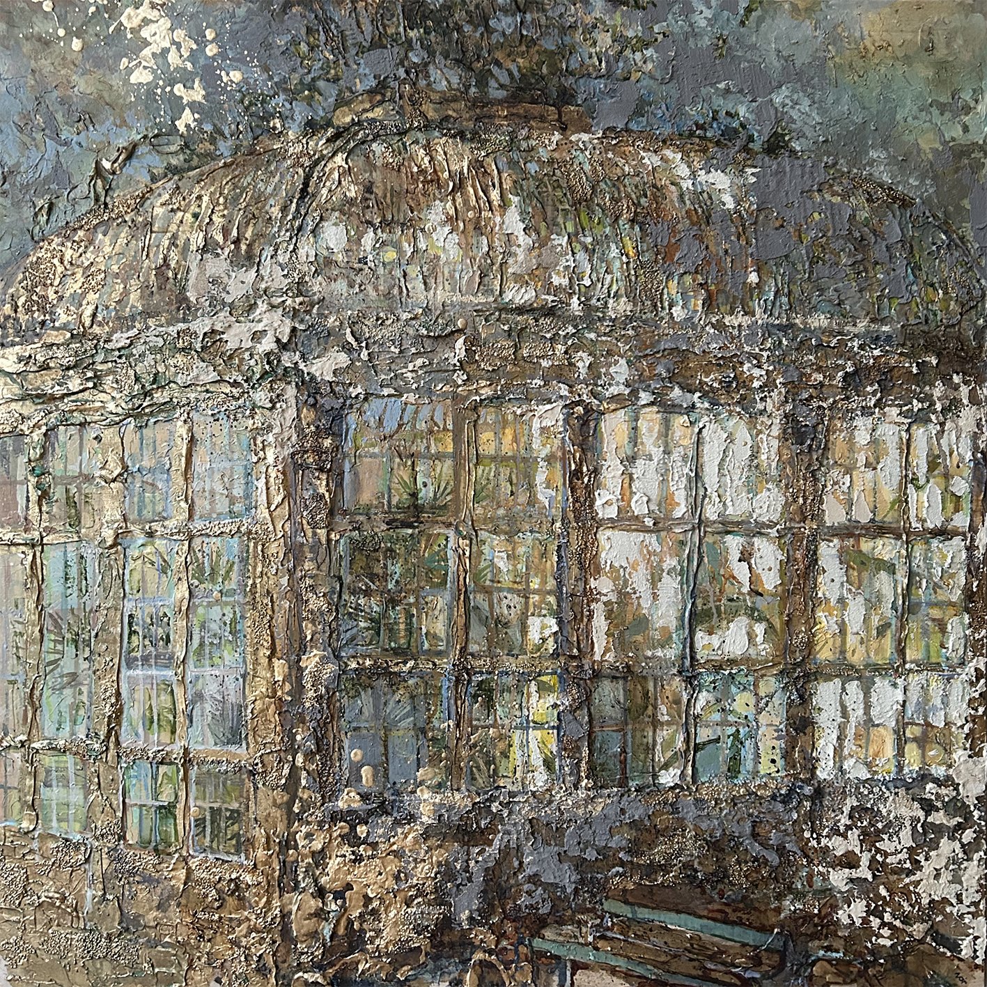 'Glasshouse'
Acrylic, Mixed Media, Gold Leaf
75cm x 75cm
2024