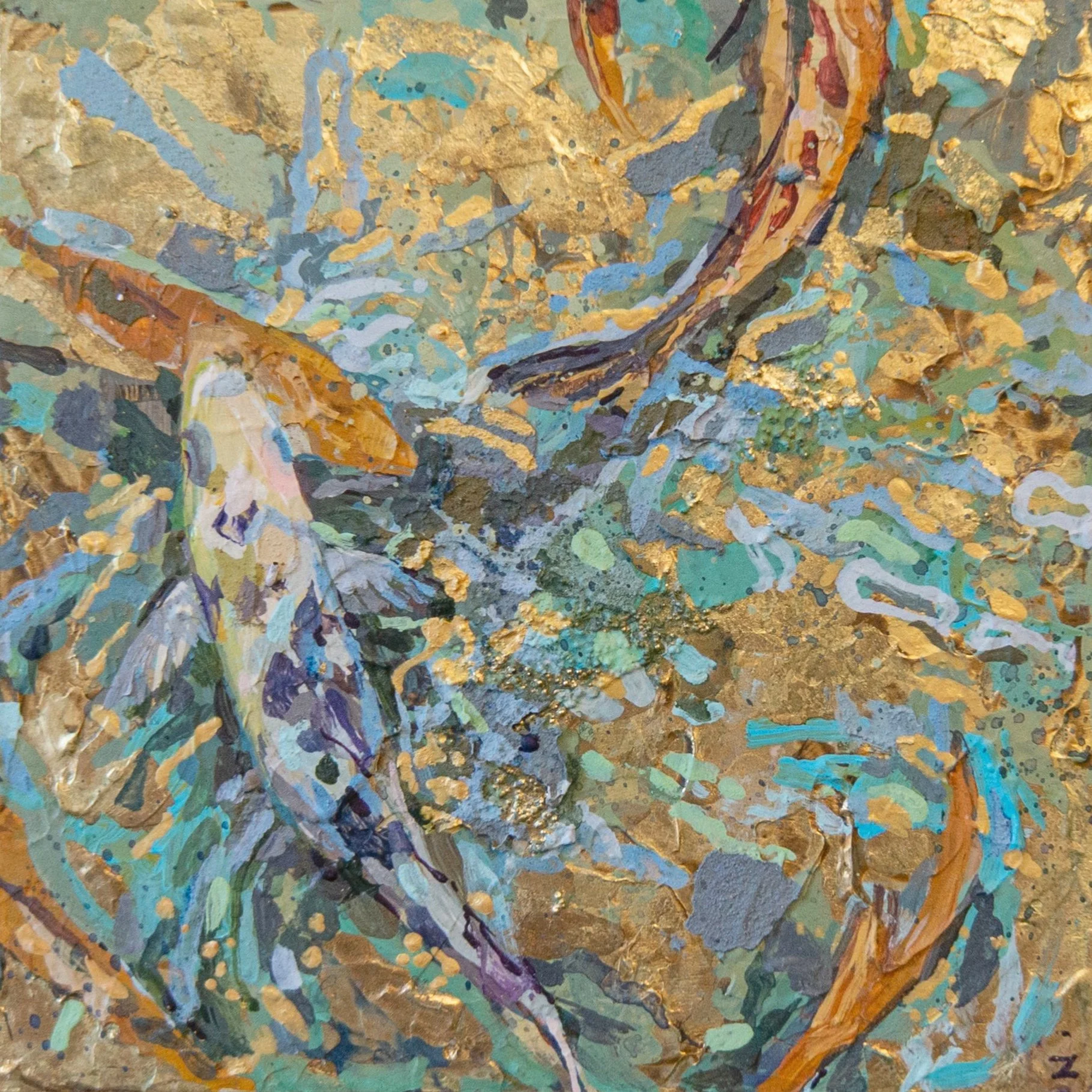 Mini Fish,
Acrylic, Mixed Media, Gold Leaf,
15cm x 15cm,
2025