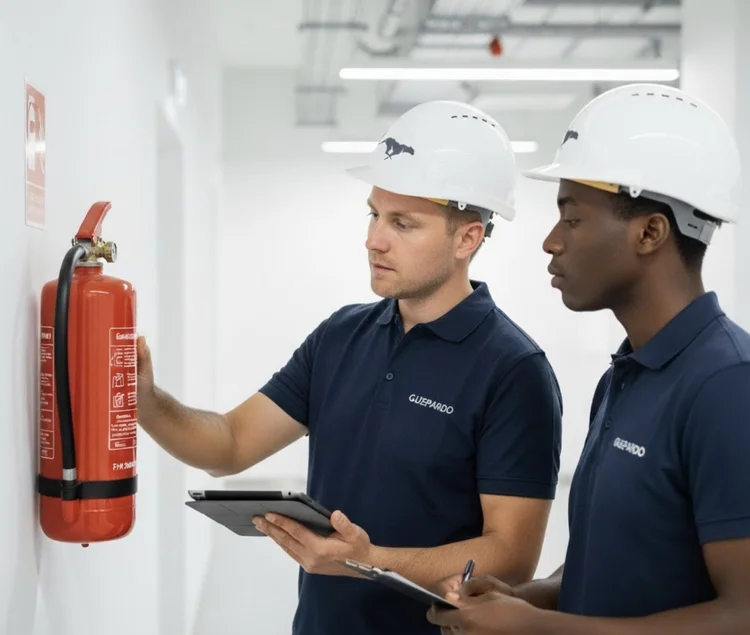Zwei Techniker prüfen einen Feuerlöscher per QR-Code und Tablet
