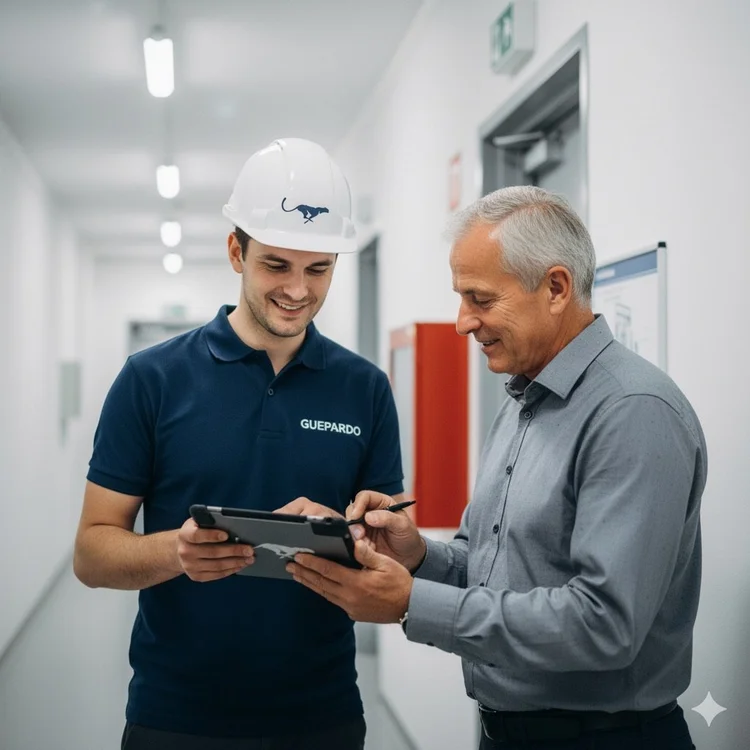 Kunde unterschreibt den Prüfbericht digital auf dem Tablet des Technikers