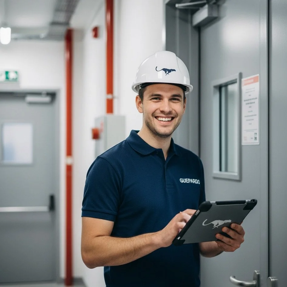 Techniker mit Schutzhelm und Tablet im Technikflur, bereit für die Prüfung mit GUEPARDO