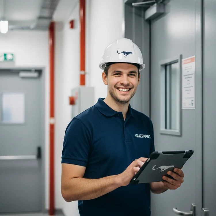 Techniker mit Schutzhelm und Tablet im Technikflur, bereit für die Prüfung