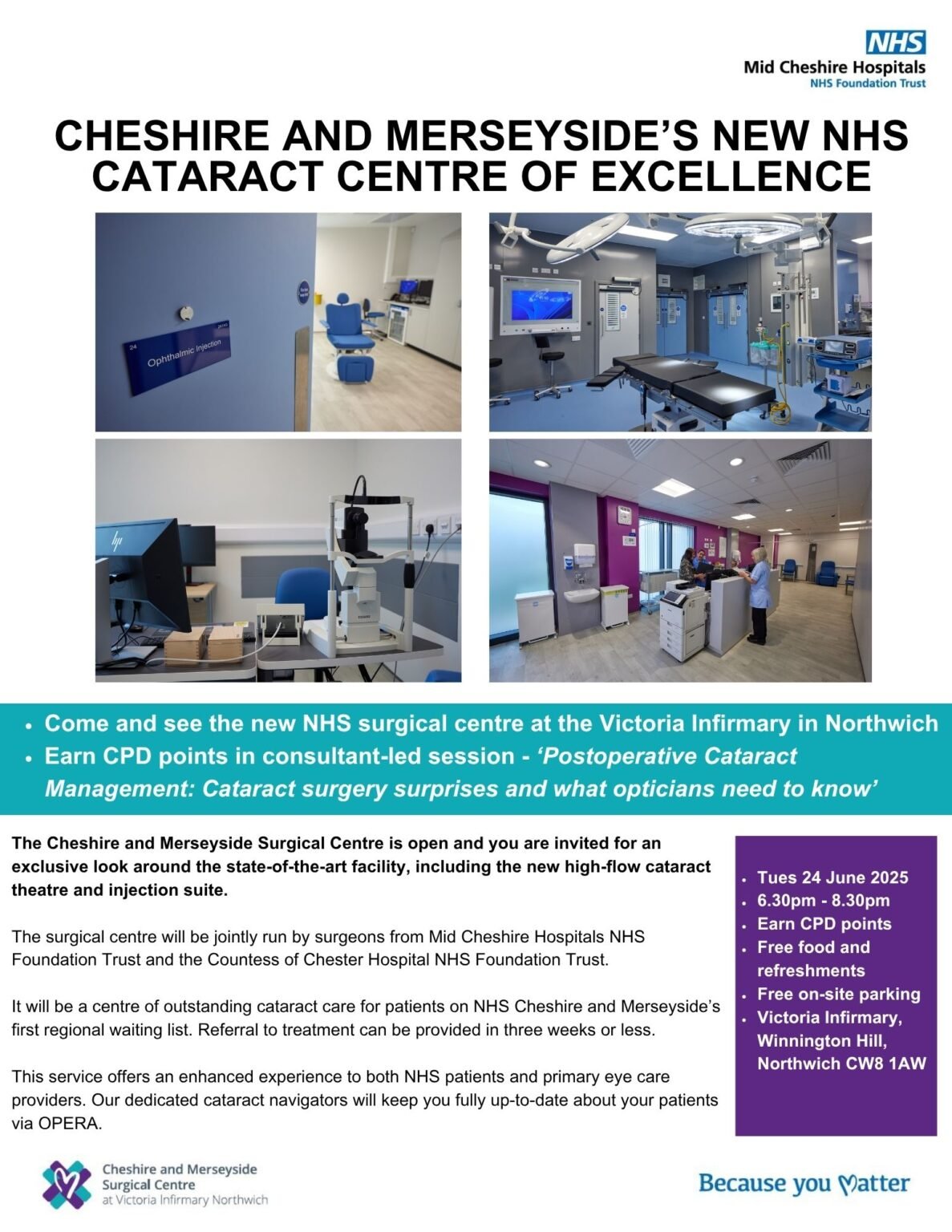 Flyer advertising the opening of the Cheshire and Merseyside NHS Cataract Centre, showing images of the new surgical facilities and announcing the event details.