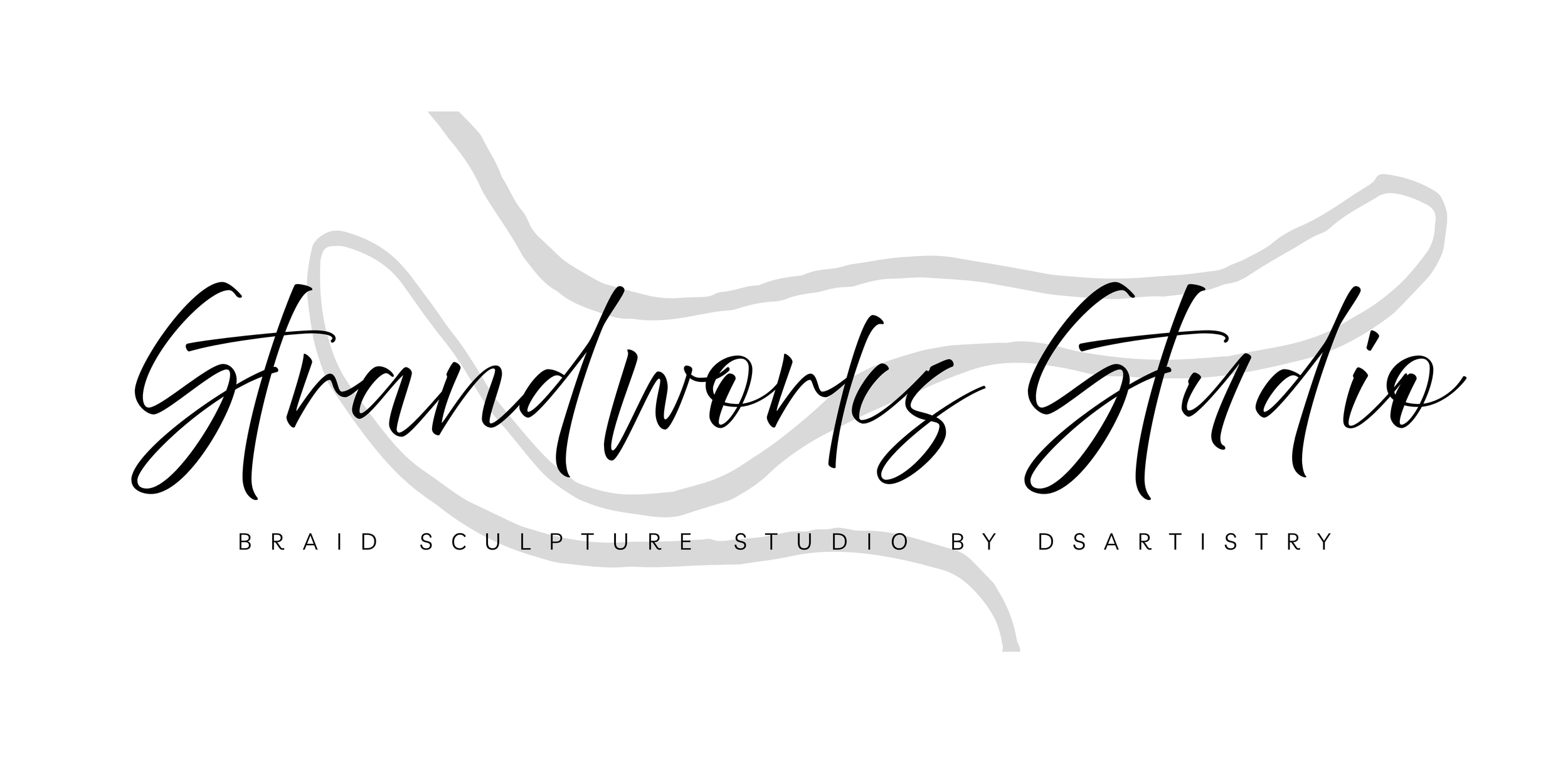 Logo for Grandworc Studio featuring a black cursive font with a faint gray braid outline in the background and smaller black text that reads "Braid Sculpture Studio by Dstairsy".
