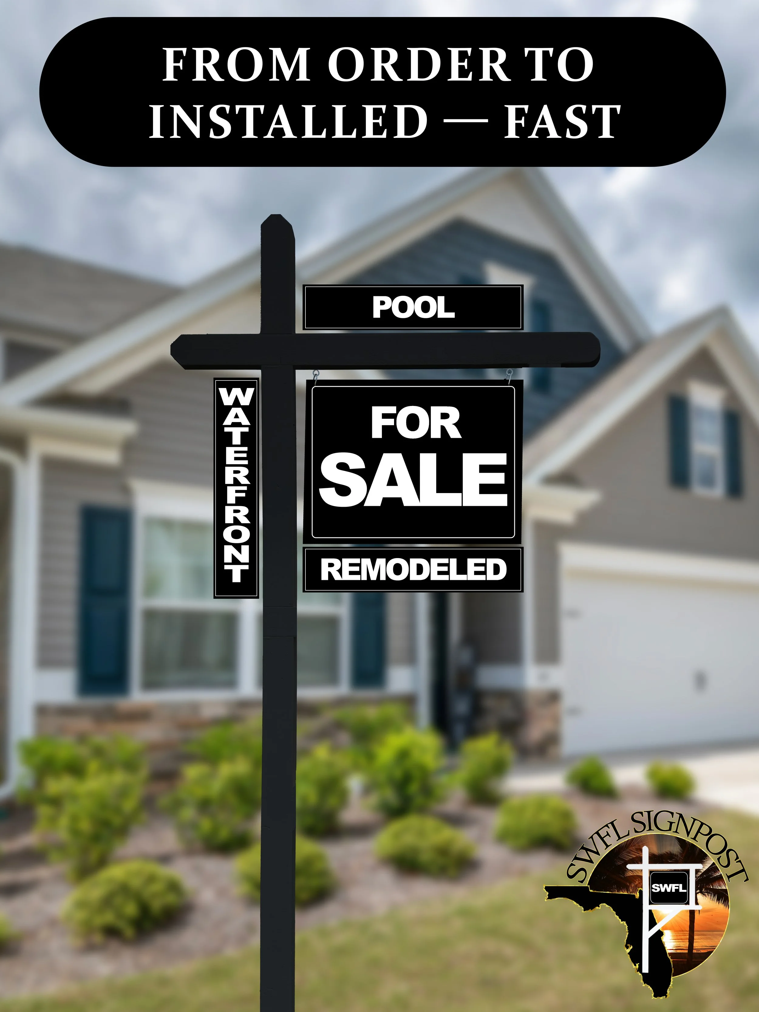 Signpost in front of a house advertising water frontage, a pool, and a remodeled house for sale.