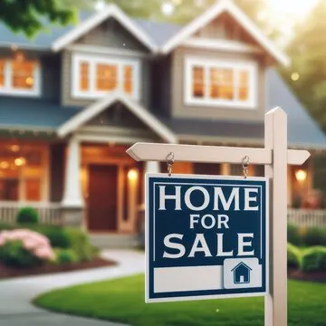 House with a front yard and a 'Home For Sale' sign in the yard.