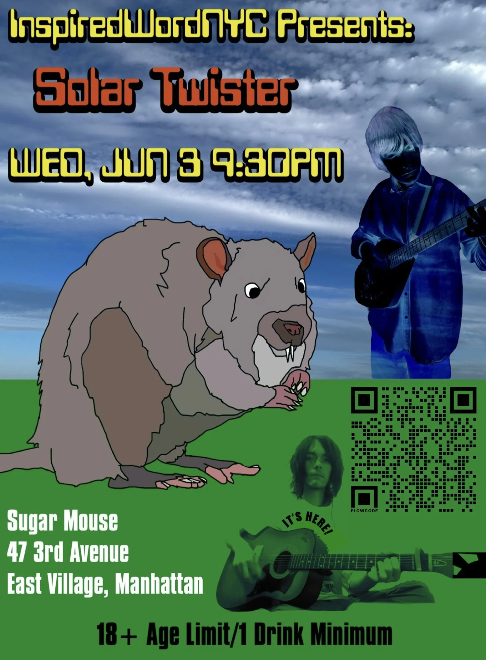 Event poster for a concert featuring Solar Twister, presented by InspiredWorldNYC. The event is on Wednesday, June 3 at 9:30 PM at Sugar Mouse, located at 47 3rd Avenue, East Village, Manhattan. The poster includes images of a cartoon rat and a guitarist, with QR codes and a photo of a singer with glasses. The event has a minimum age requirement of 18 and a minimum one drink per person.