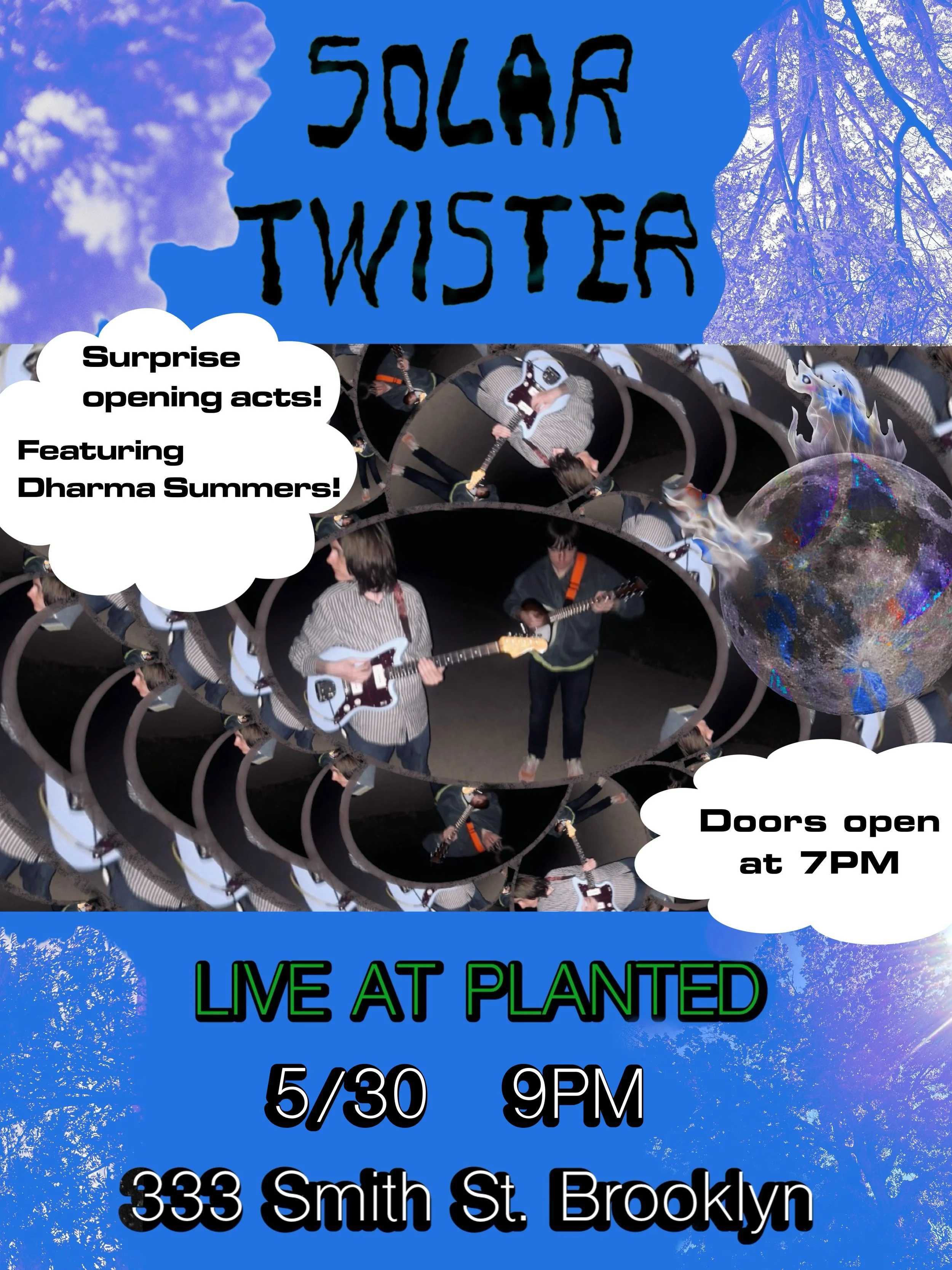Digital poster advertising a live music event titled '50LAR TWISTER' featuring Dharma Summers, with surprise opening acts. The event is scheduled for May 30th at 9 PM at 333 Smith Street in Brooklyn. The poster has a blue background with clouds, trees, and a reflective, spiral design showing band members playing guitars.