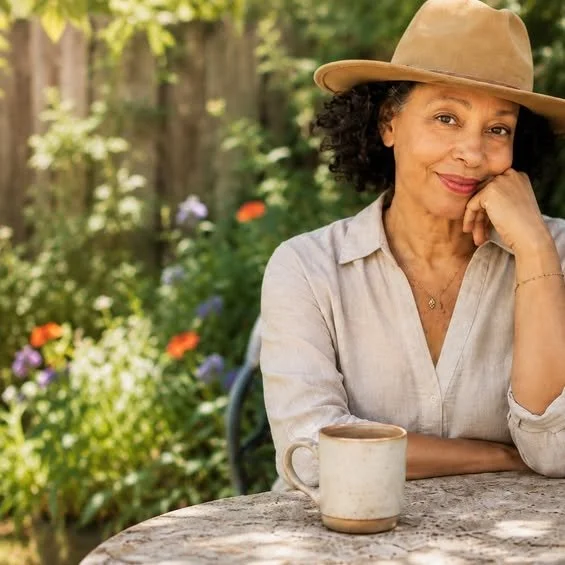 A woman with curly hair wearing a tan wide-brim hat and a light-colored shirt, sitting outdoors at a table with a coffee mug, smiling with a hand resting on her cheek, surrounded by greenery and colorful flowers.