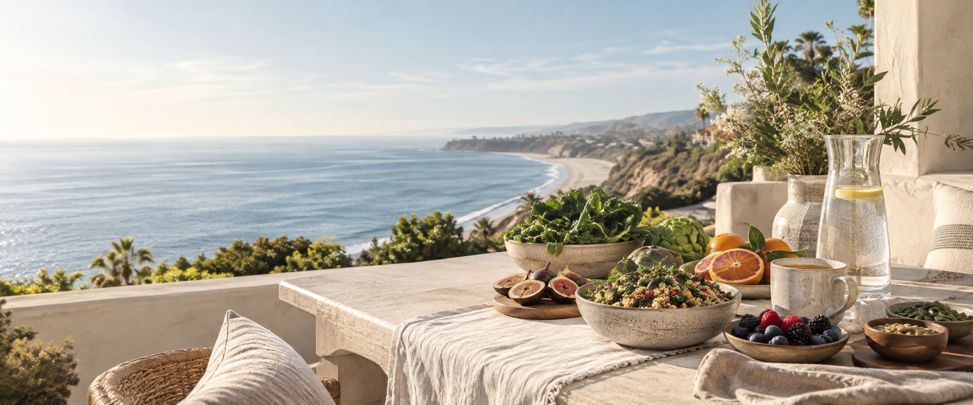 A scenic outdoor breakfast table overlooking the ocean with fresh fruit, salad, drinks, and flowers.
