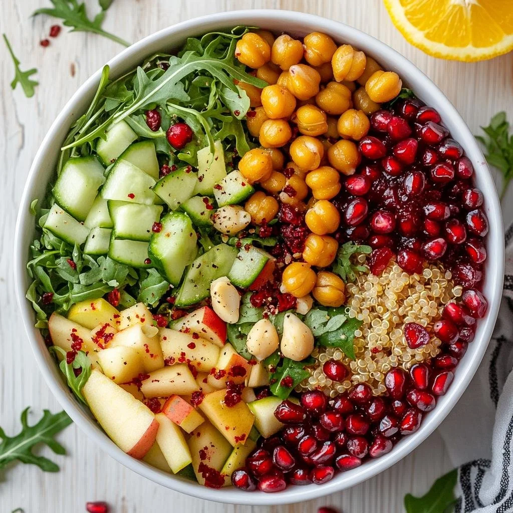 A bowl of salad with arugula, chopped cucumber, apple chunks, chickpeas, pomegranate seeds, cooked quinoa, and yellow chickpeas, garnished with red pepper flakes, on a light wooden surface with lemon slices and green herbs around