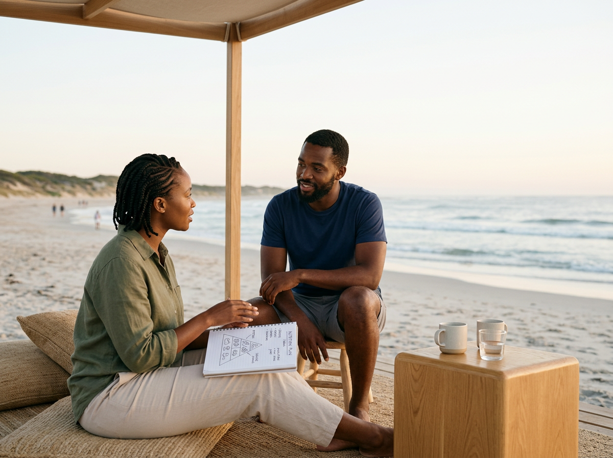 A woman and a man sit under a beach umbrella on the sand, having a conversation with the ocean in the background. The woman holds a notebook, and there are two mugs and a glass of water on a small wooden table.