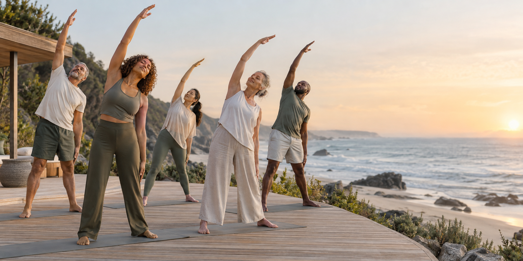Group of six people practicing yoga on a wooden deck by the beach at sunset.