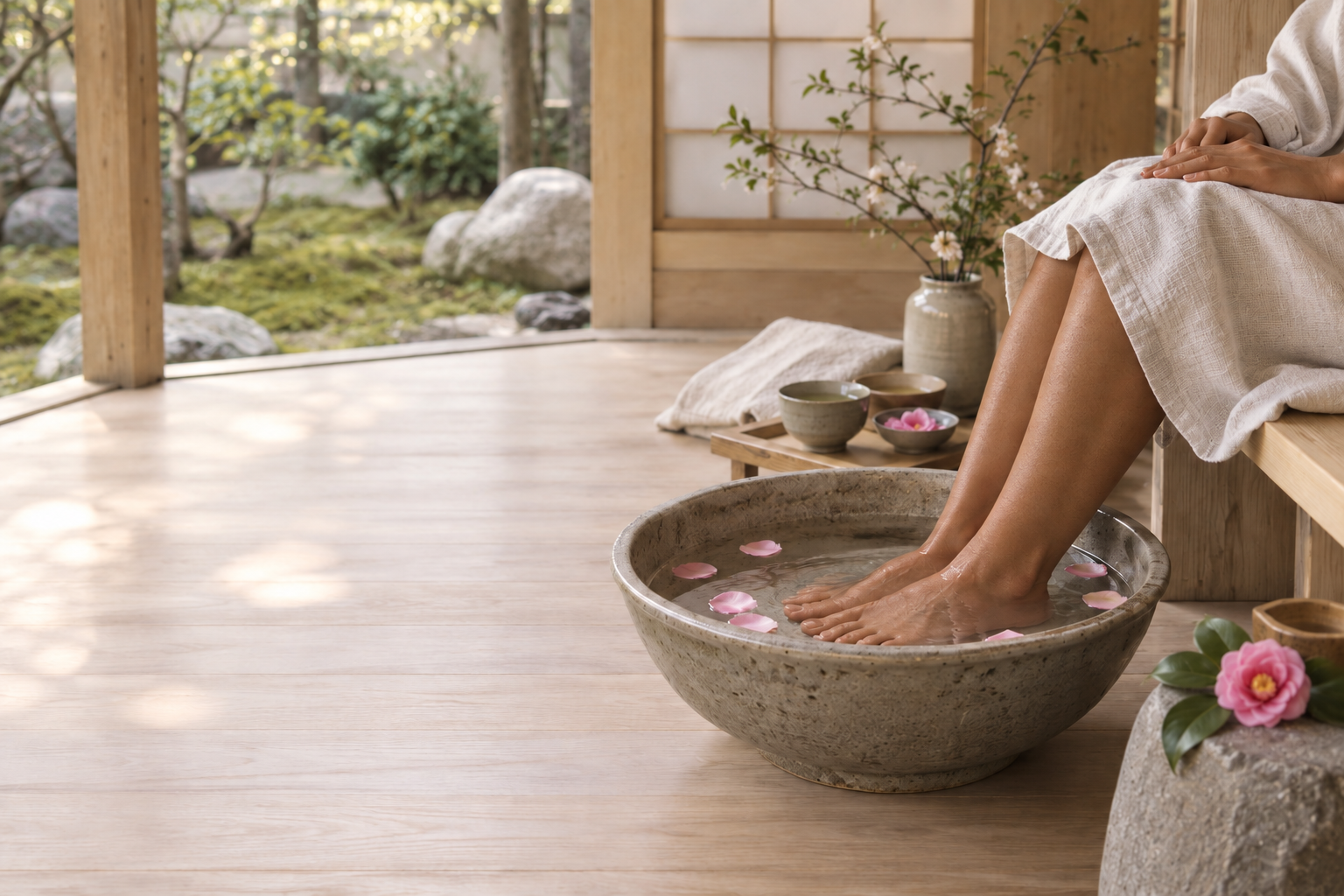A person sitting on a wooden bench with their feet soaking in a stone basin filled with water and pink flower petals. The scene is set in a traditional Japanese-style spa or onsen with a wooden deck, a garden view, and a vase with blooming flowers nearby.