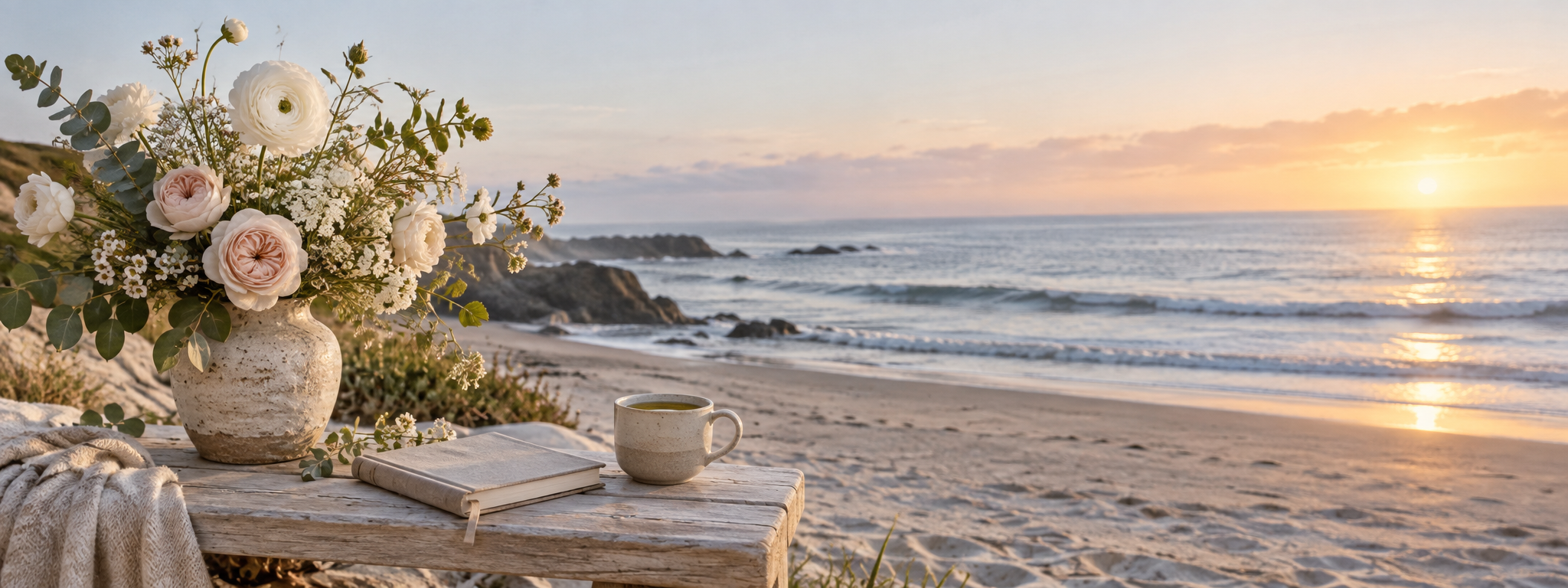 A rustic wooden table on a beach at sunset, with a vase of white and pale pink flowers, an open book, and a cup of coffee or tea.