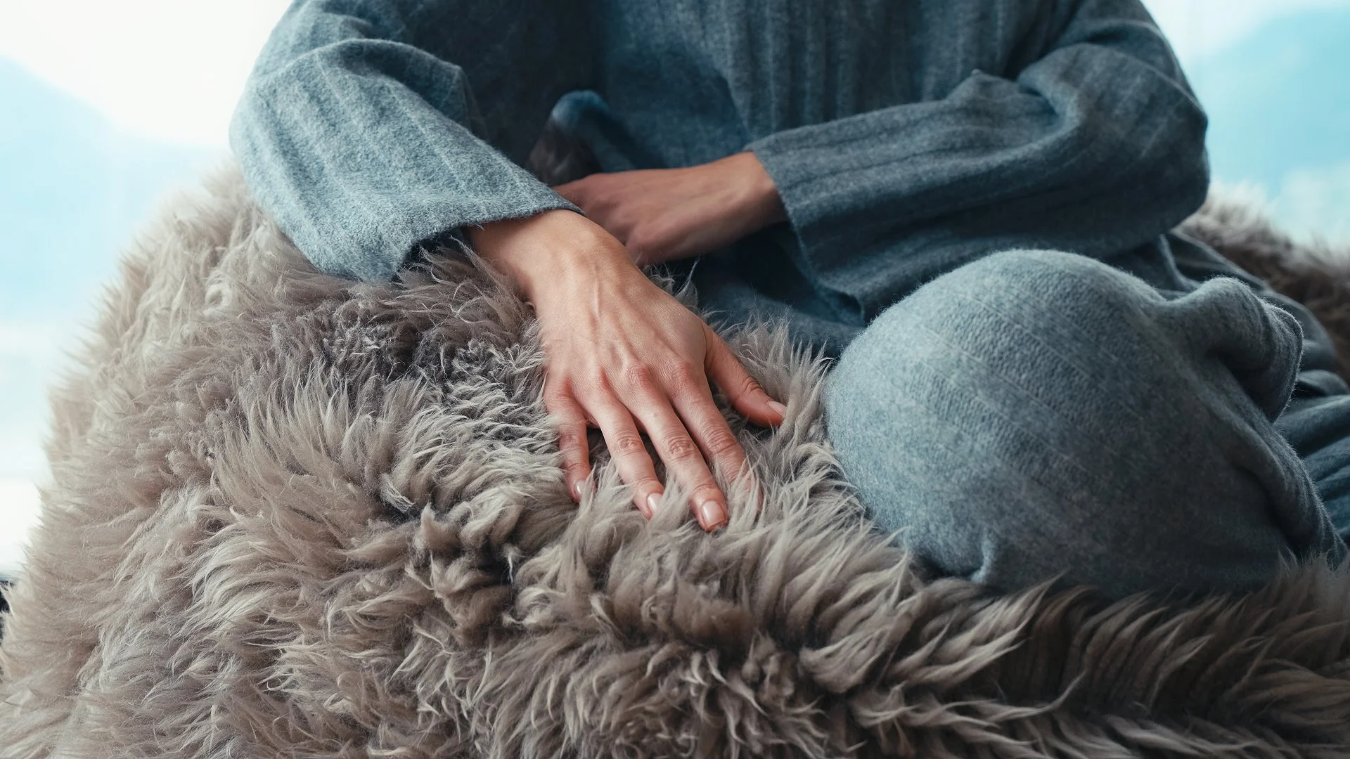 Close-up di una mano che tocca un cane con pelo lungo e folto, mentre una persona indossa abiti di lana grigia.