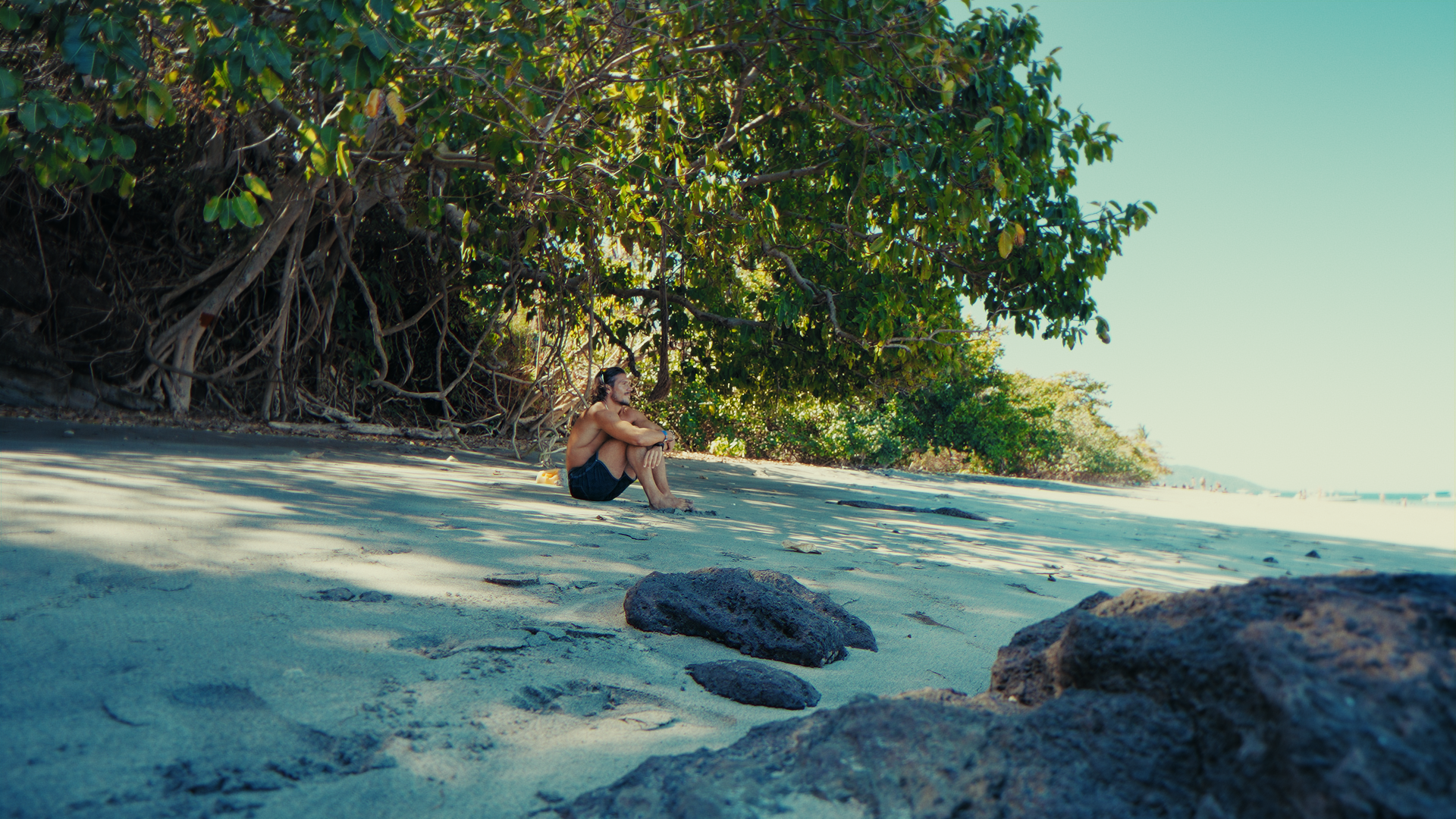 Uomo seduto sulla spiaggia vicino alle rocce, sotto alberi con rami che creano ombra, sul mare in lontananza in un giorno soleggiato.